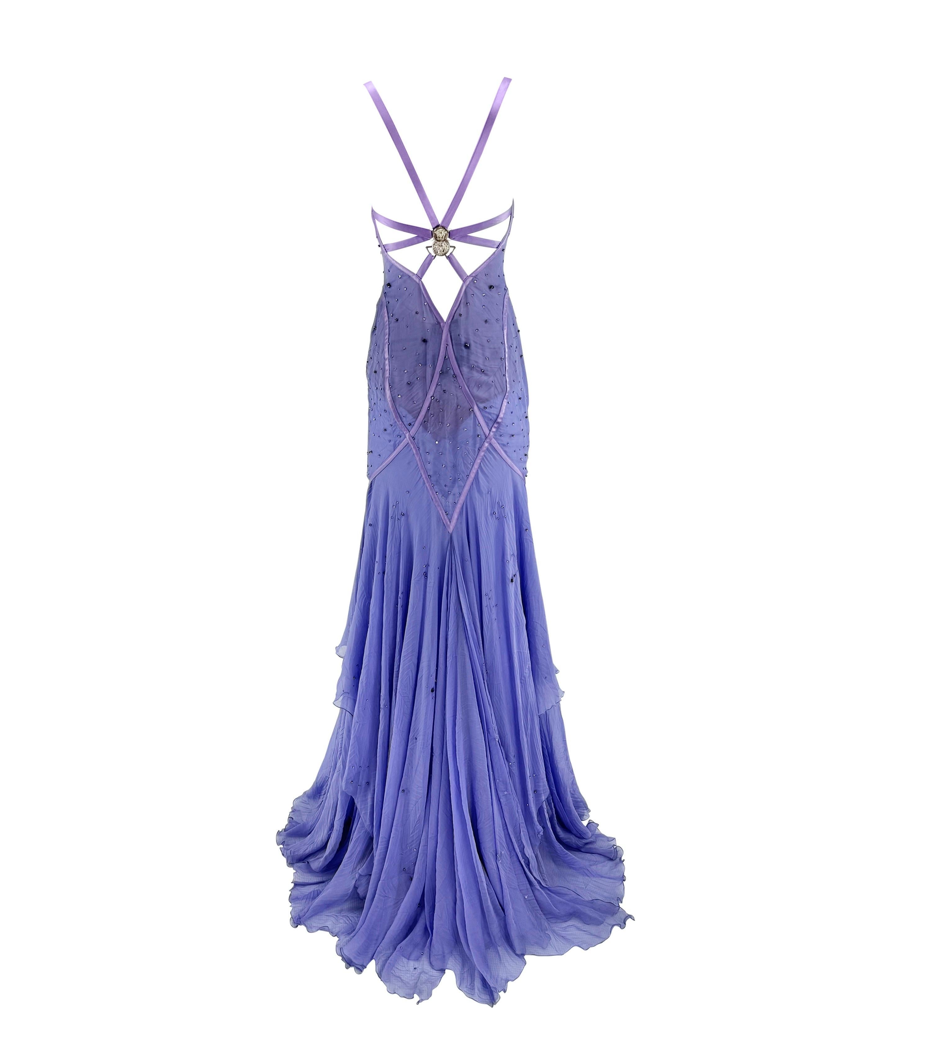 NWT 2005 Versace by Donatella Rhinestone Medusa Backless Lavender Chiffon Gown For Sale 3