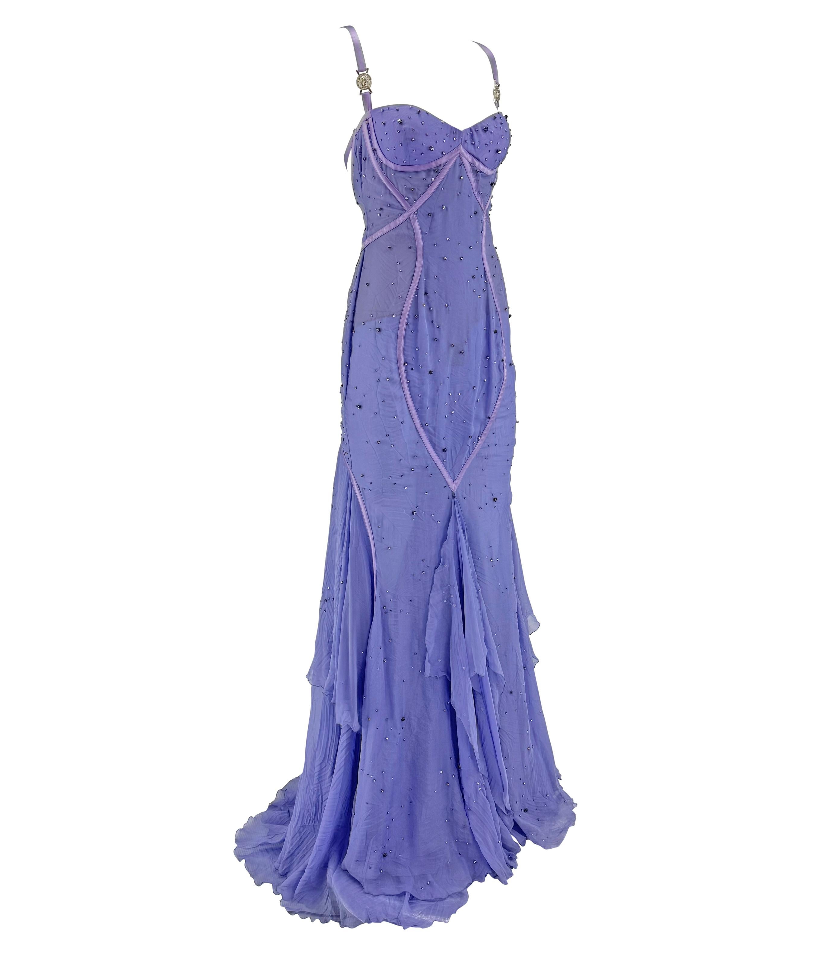 NWT 2005 Versace by Donatella Rhinestone Medusa Backless Lavender Chiffon Gown For Sale 4