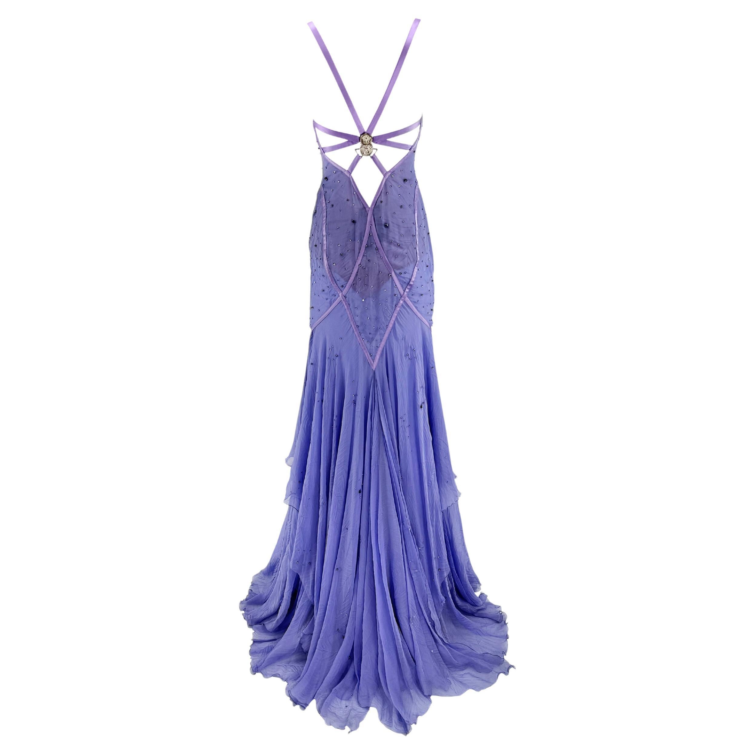NWT 2005 Versace by Donatella Rhinestone Medusa Backless Lavender Chiffon Gown For Sale