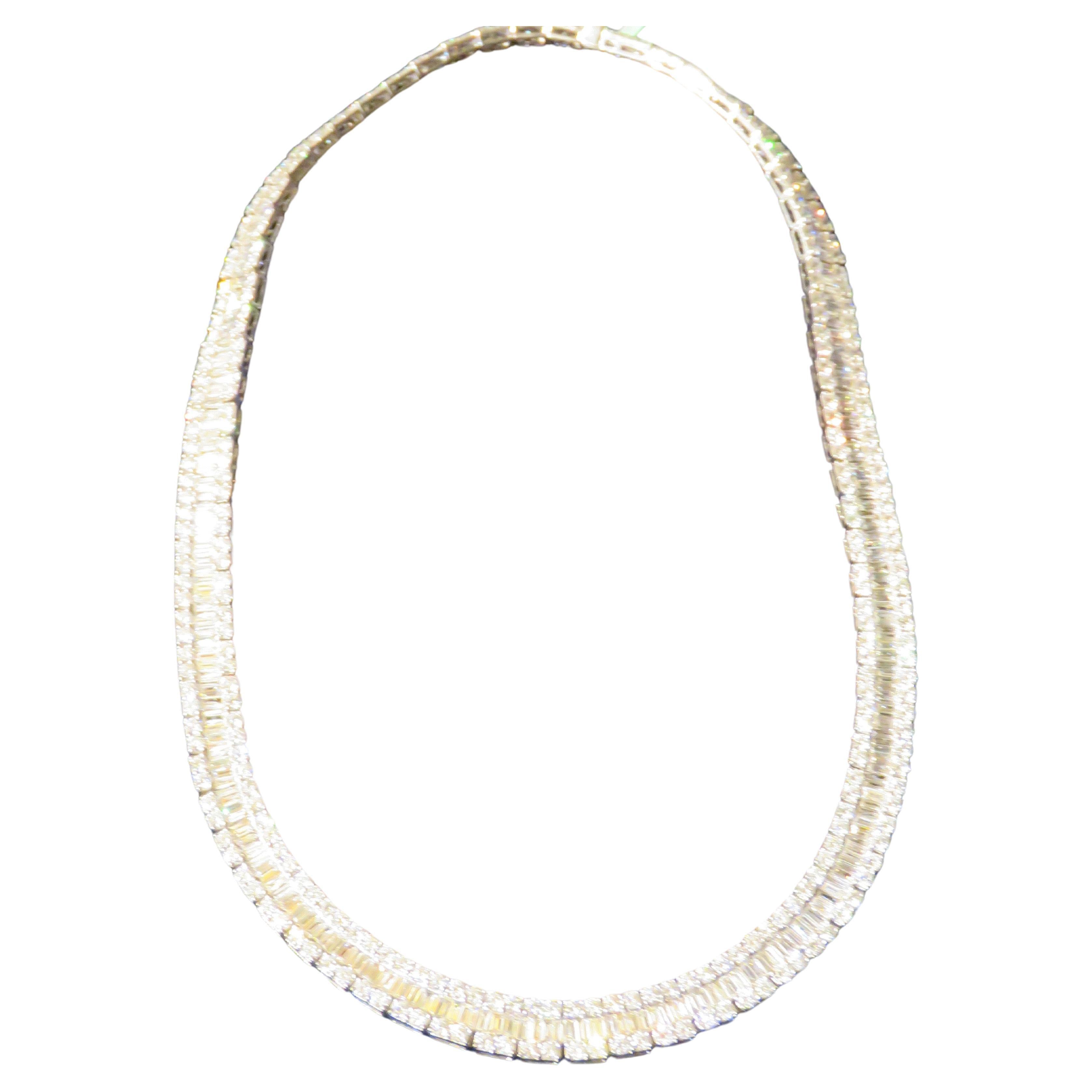 NWT $205, 735 18KT Gold Rare Fancy Glittering 32.50CT Baguette Diamond Necklace For Sale