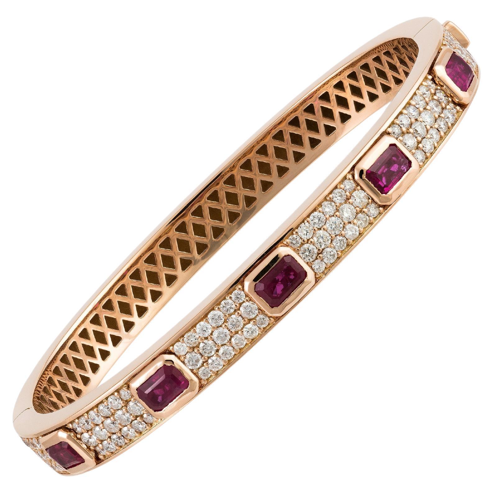 NWT $21, 000 18 Karat Gold Fancy Glittering Ruby Diamond Bracelet Bangle Cuff