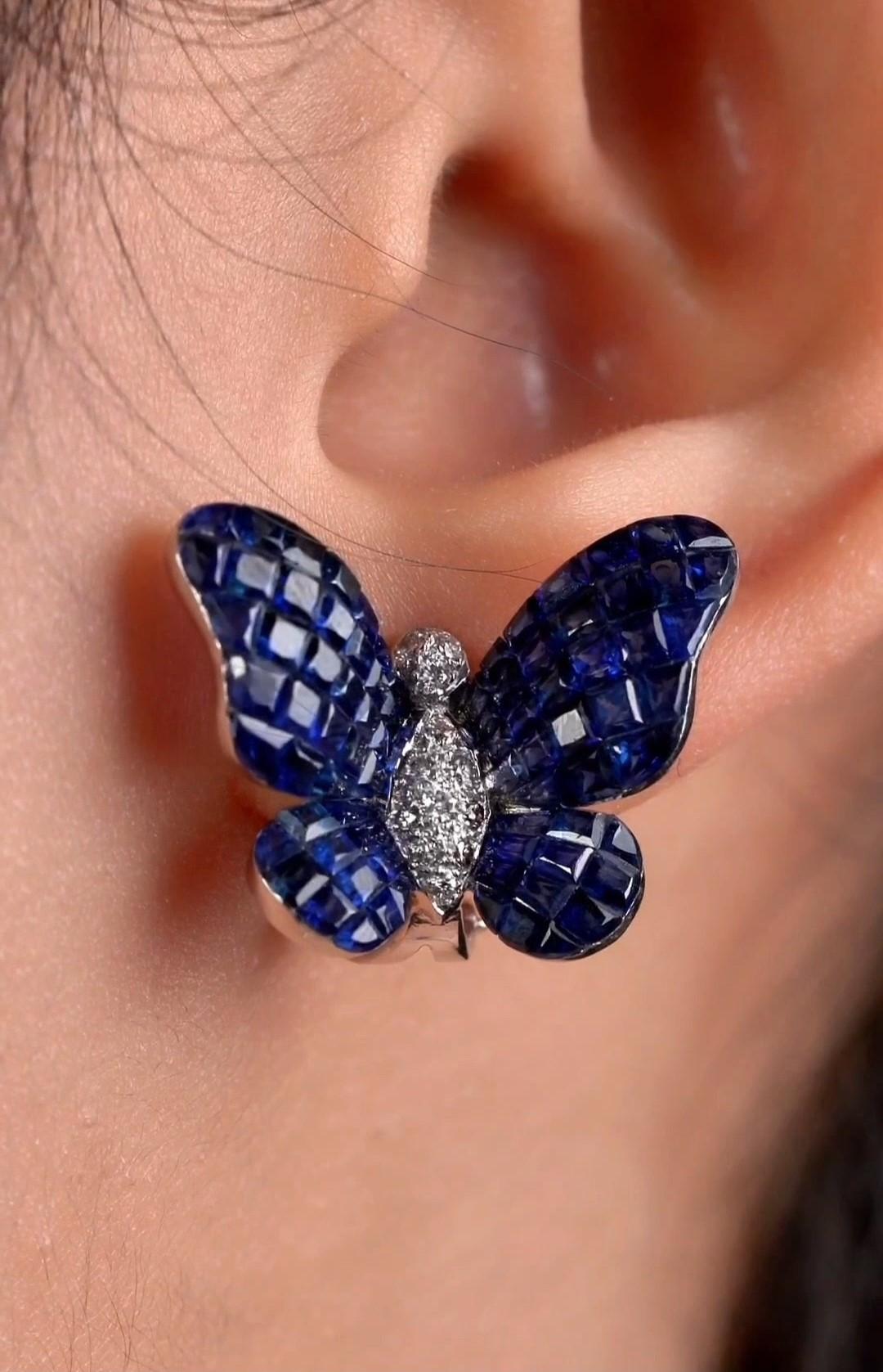 Mixed Cut NWT $21, 000 18KT Gold Rare Gorgeous Blue Sapphire Diamond Butterfly Earrings For Sale
