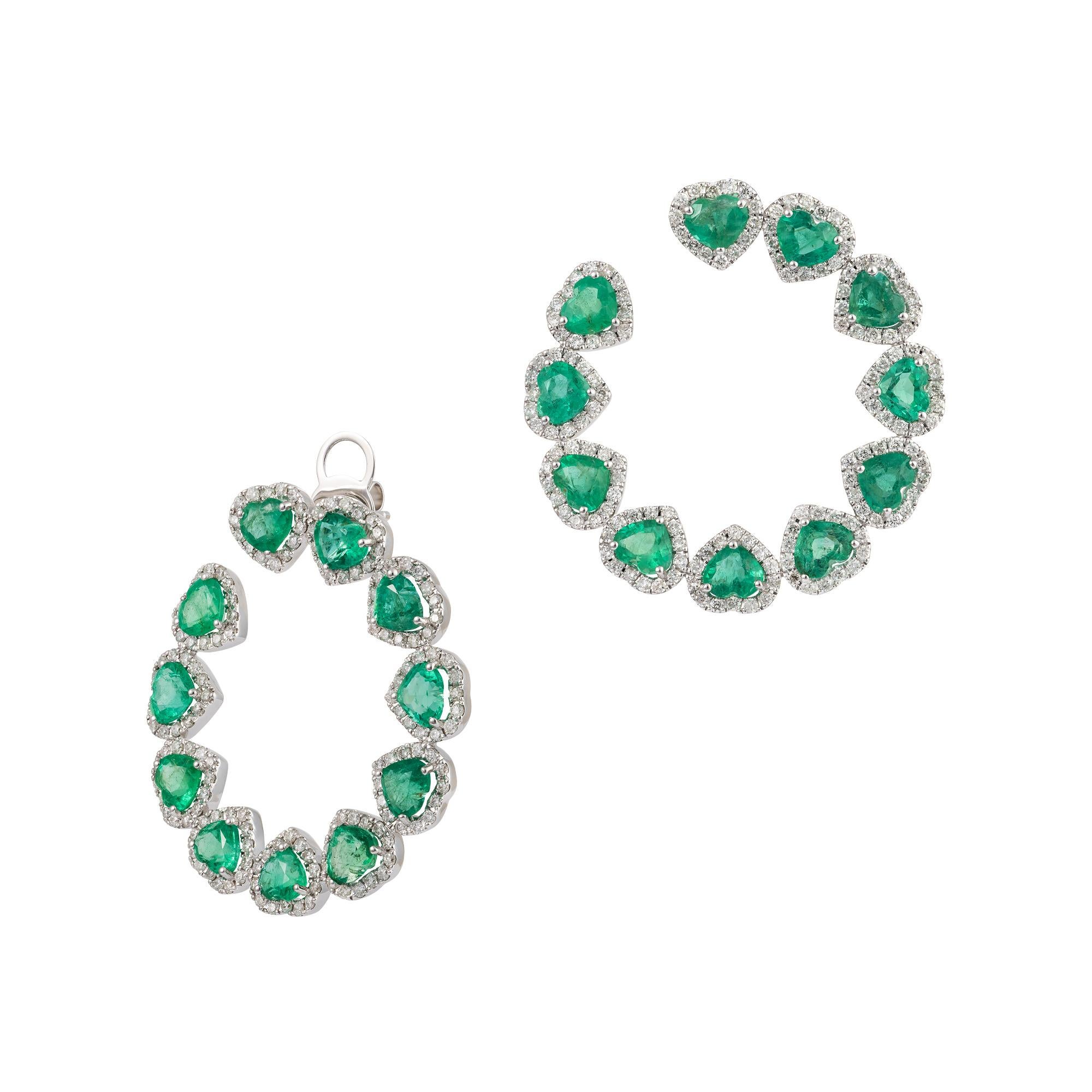 Heart Cut NWT $21, 000 18KT Large Fancy Glittering Heart Emerald Diamond Circle Earrings For Sale