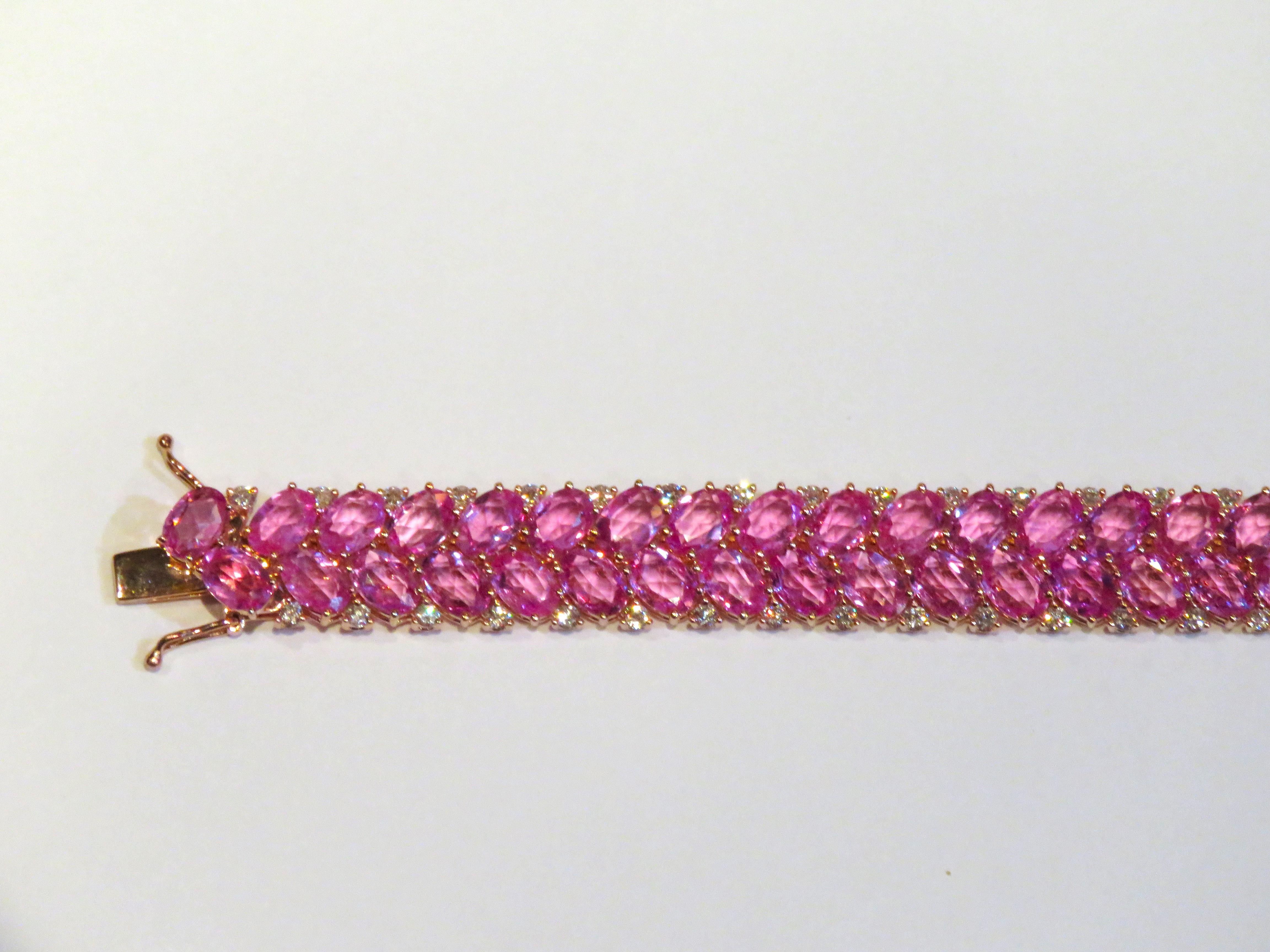 Mixed Cut NWT $21, 439 18KT Gold Fancy Glittering 30CT Pink Sapphire Diamond Bracelet For Sale