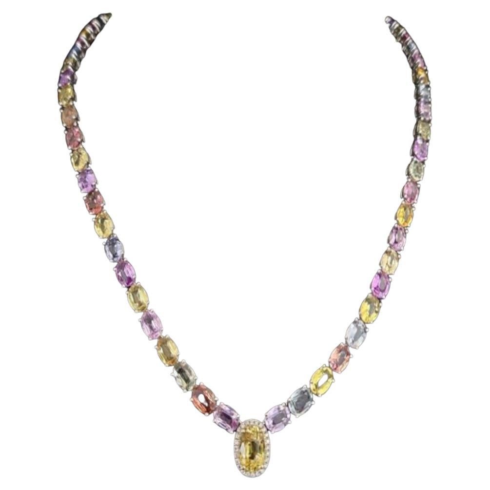 NWT 217, 498 18kt Magnificent Multi Rainbow 60 Carat Sapphire Diamond Necklace For Sale