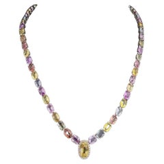 NWT 217, 498 18kt Magnificent Multi Rainbow 60 Carat Sapphire Diamond Necklace