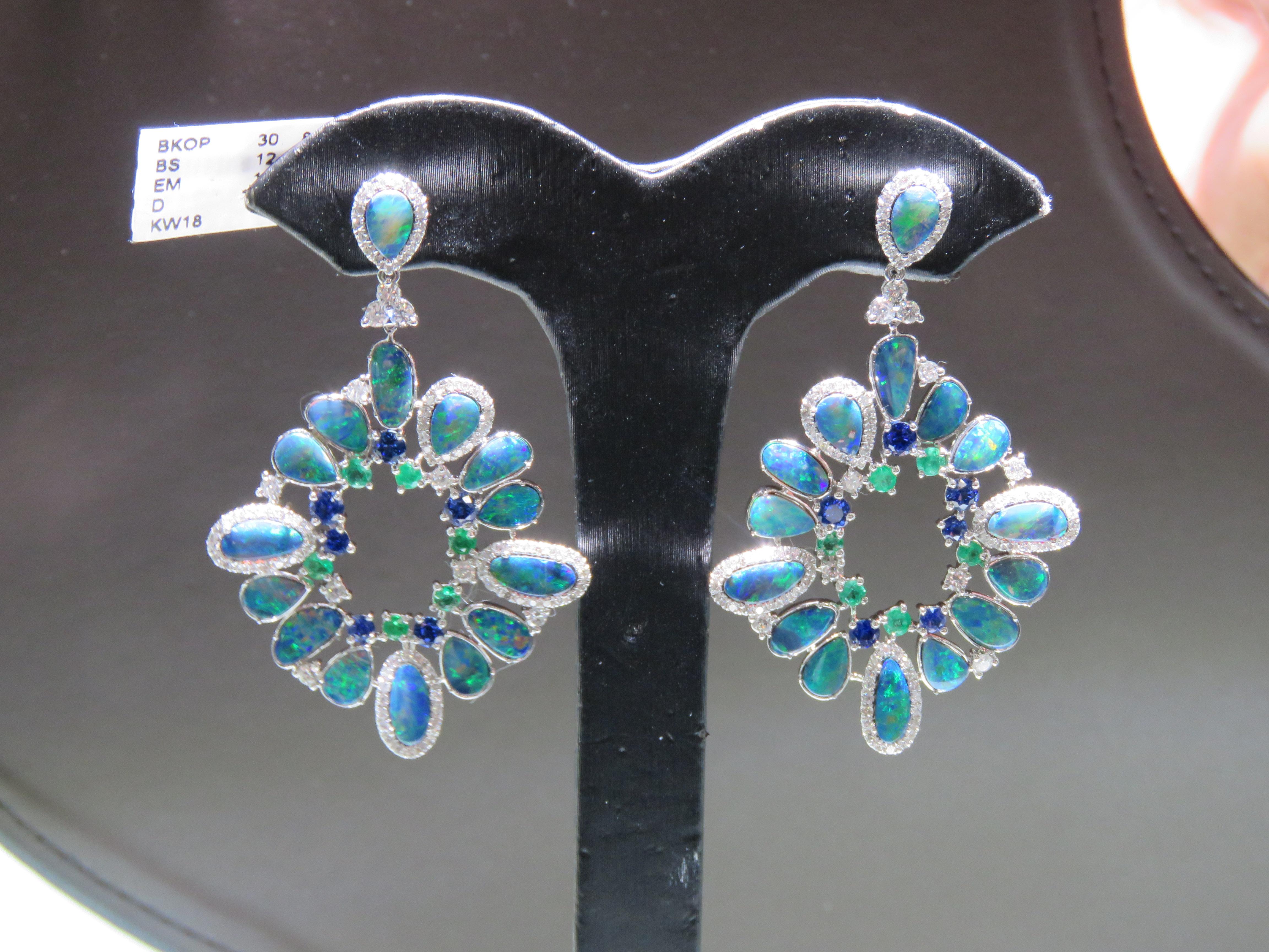 Mixed Cut NWT $22, 000 18KT Gold Large Gorgeous Fiery Black Opal Dangle Diamond Earrings For Sale