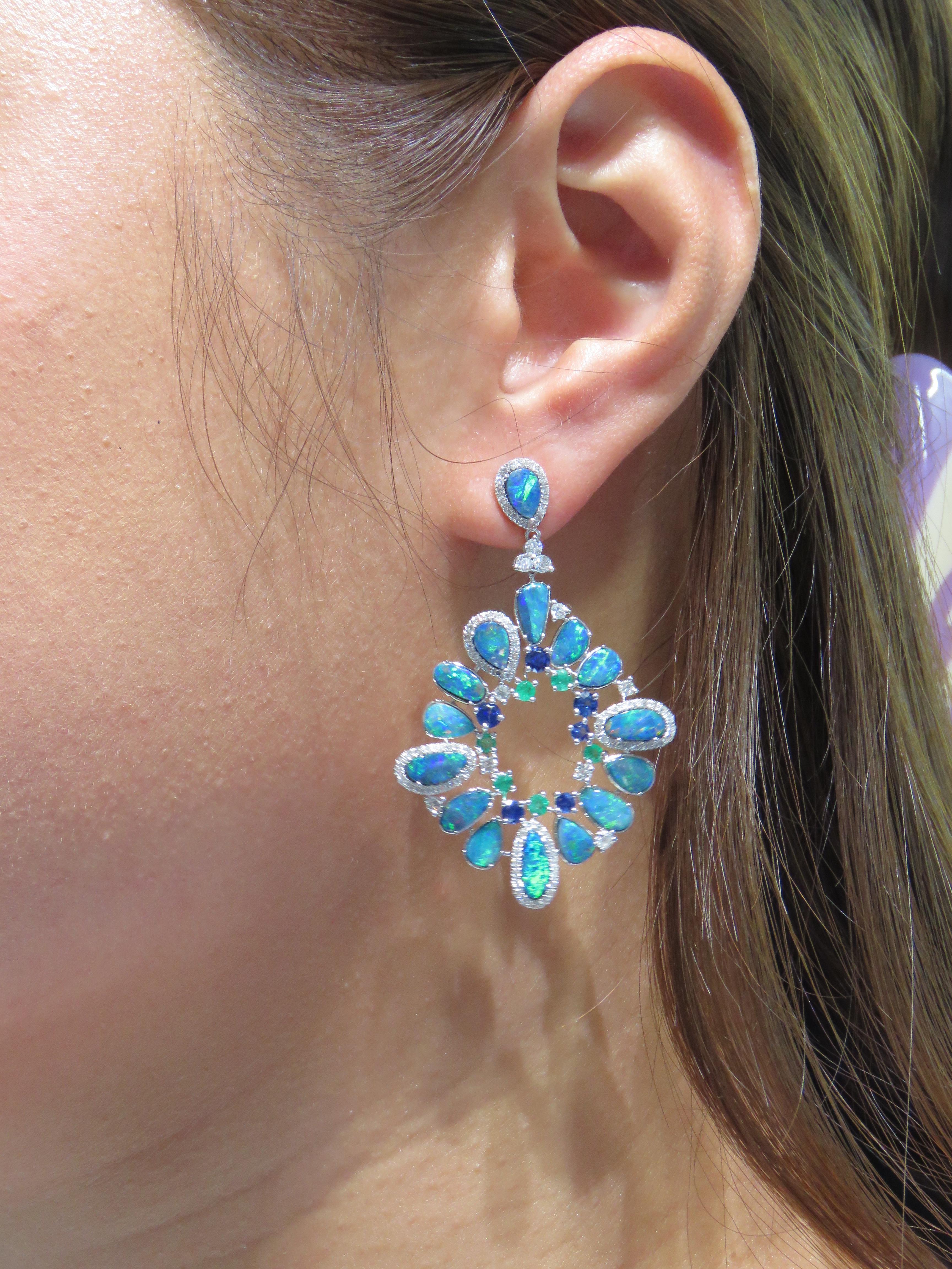 NWT $22, 000 18KT Gold Large Gorgeous Fiery Black Opal Dangle Diamond Earrings For Sale 1