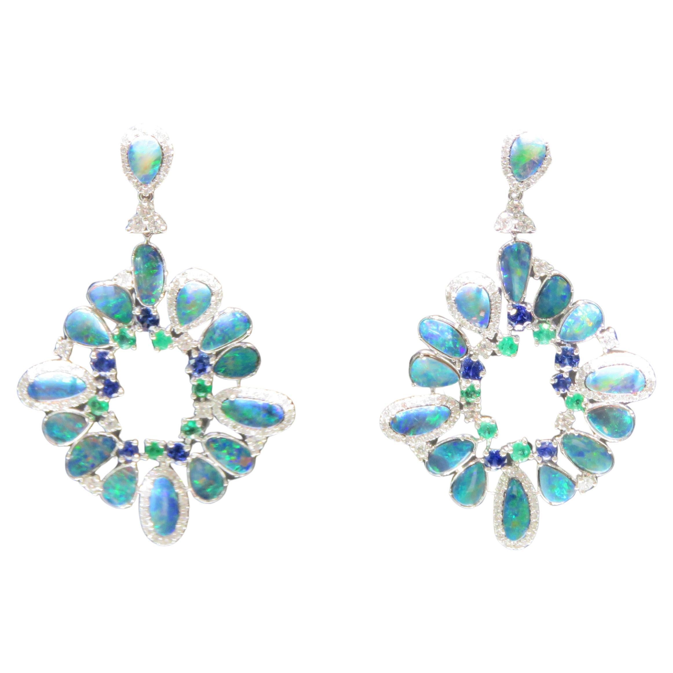 NWT $22, 000 18KT Gold Large Gorgeous Fiery Black Opal Dangle Diamond Earrings For Sale