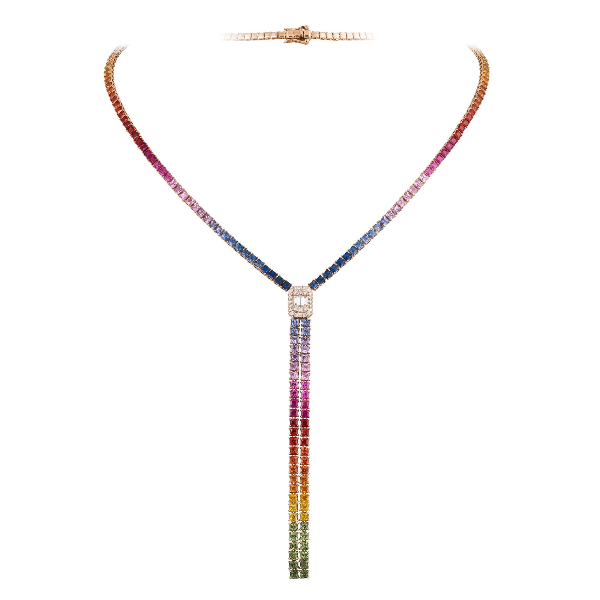 The Following Item we are offering is this Rare Important Radiant 18KT Gold Gorgeous Glittering and Sparkling Magnificent Fancy Rainbow Sapphire and Diamond Necklace. Necklace contains approx 20CTS of Beautiful Fancy Cut Princess Sapphires and