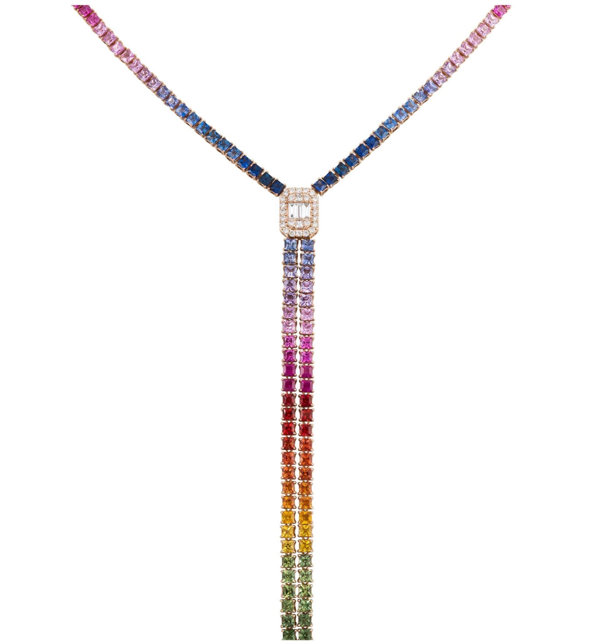 Mixed Cut NWT $22, 500 18KT Gold Fancy Large Glittering Rainbow Sapphire Diamond Necklace For Sale