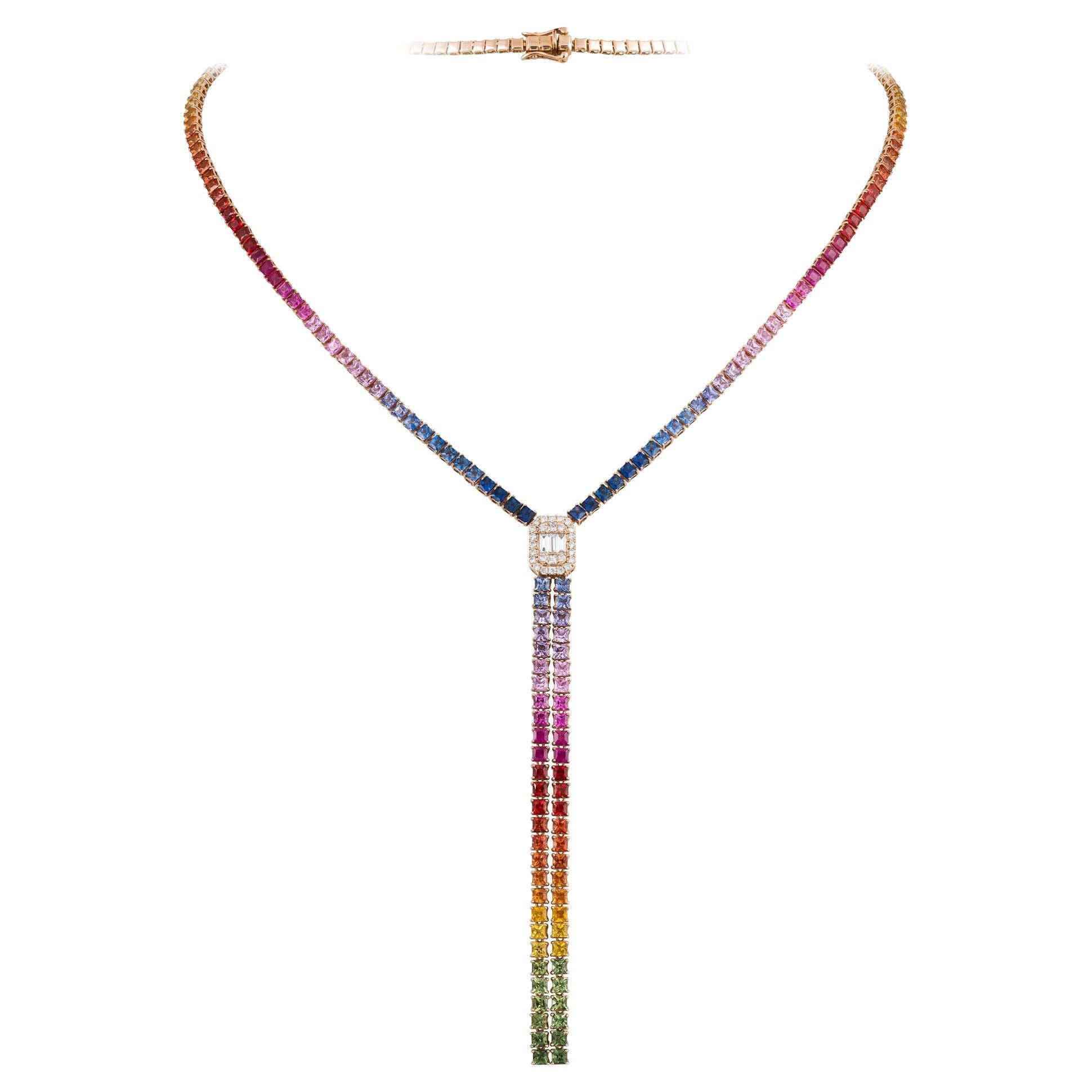  NWT $22, 500 18KT Gold Fancy Large Glittering Rainbow Sapphire Diamond Necklace