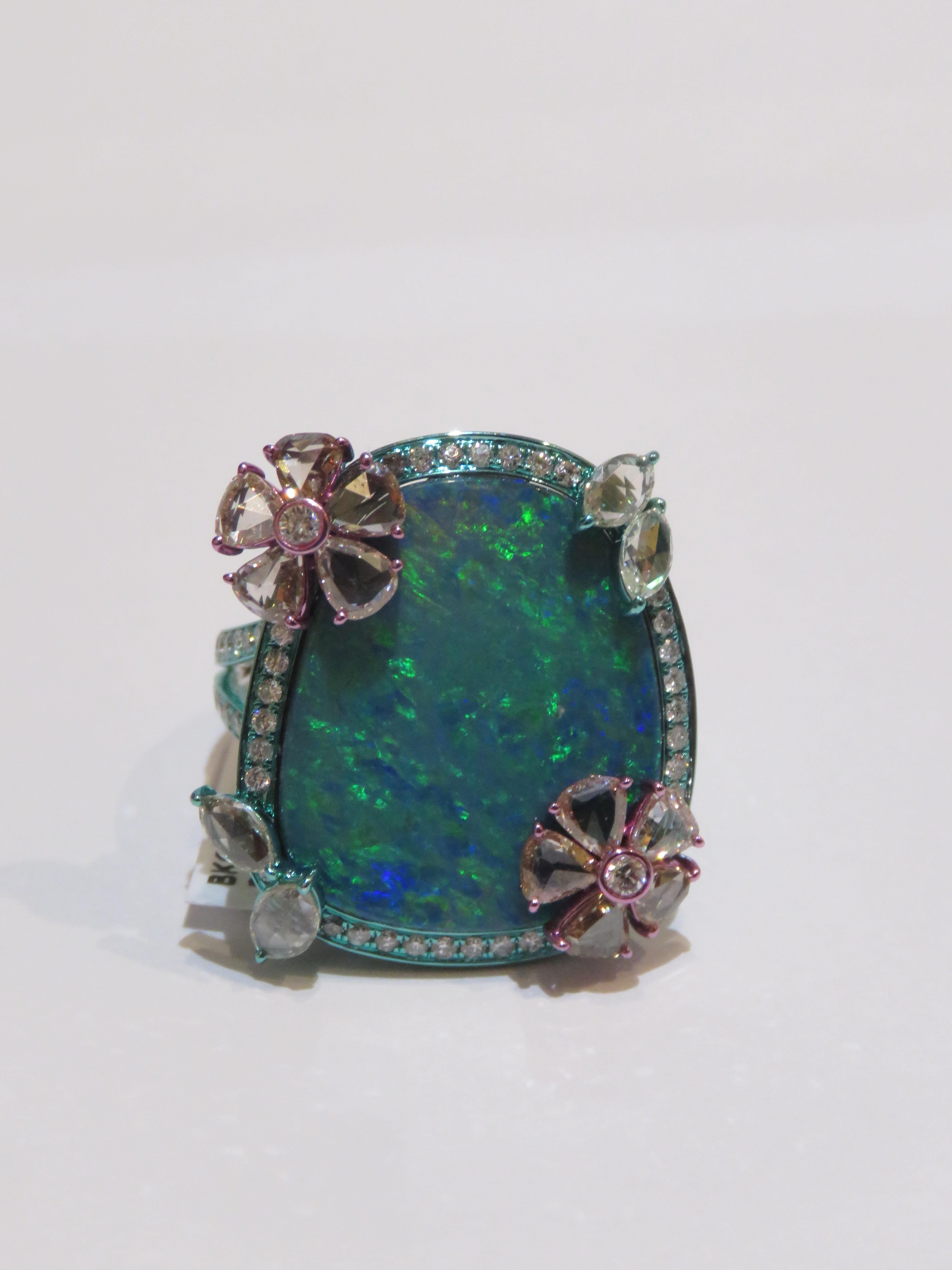 Mixed Cut NWT $22, 500 Rare 18KT Gold Large Black Opal Fancy Rose Cut Diamond Flower Ring For Sale