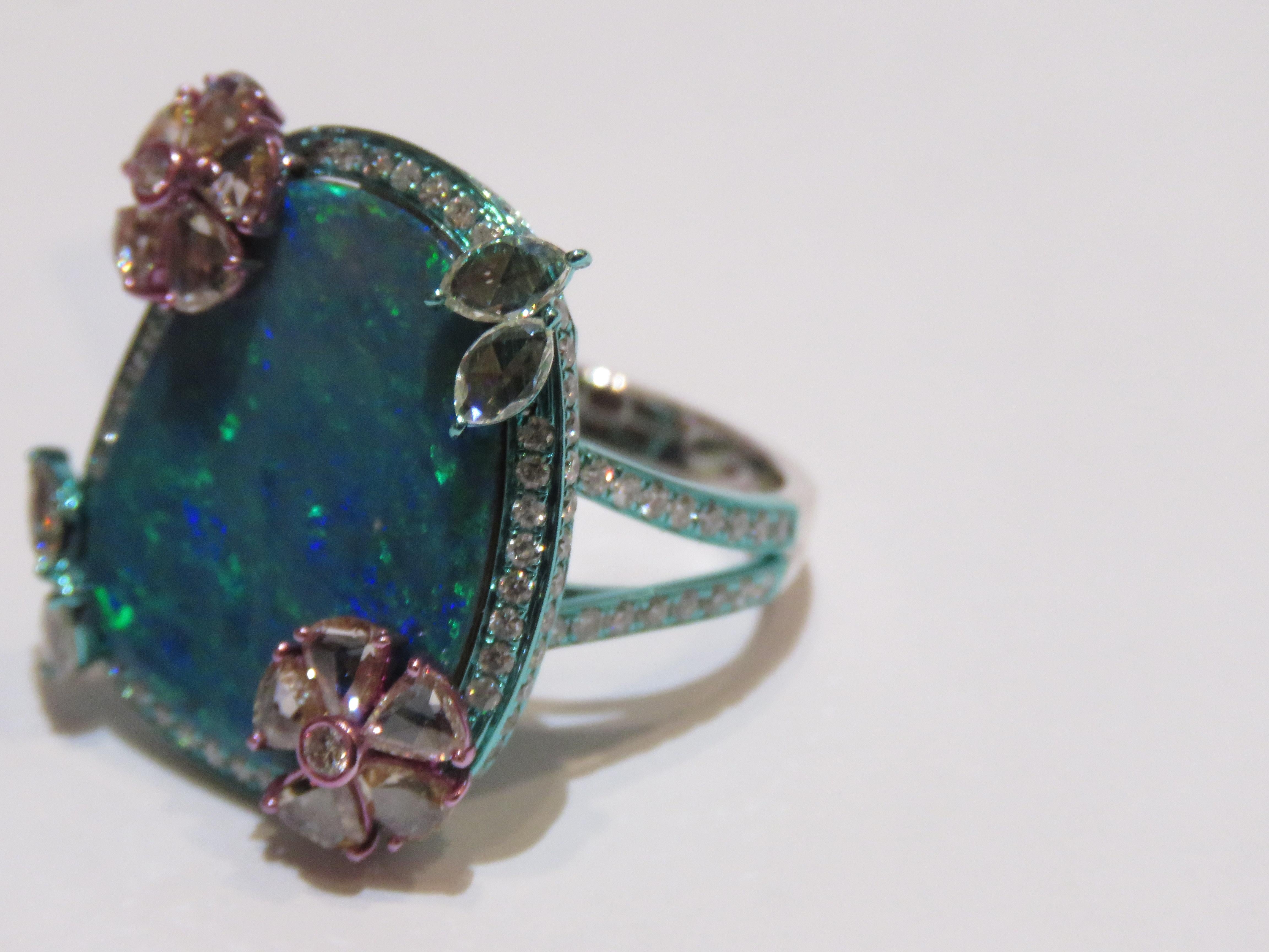 Women's NWT $22, 500 Rare 18KT Gold Large Black Opal Fancy Rose Cut Diamond Flower Ring For Sale