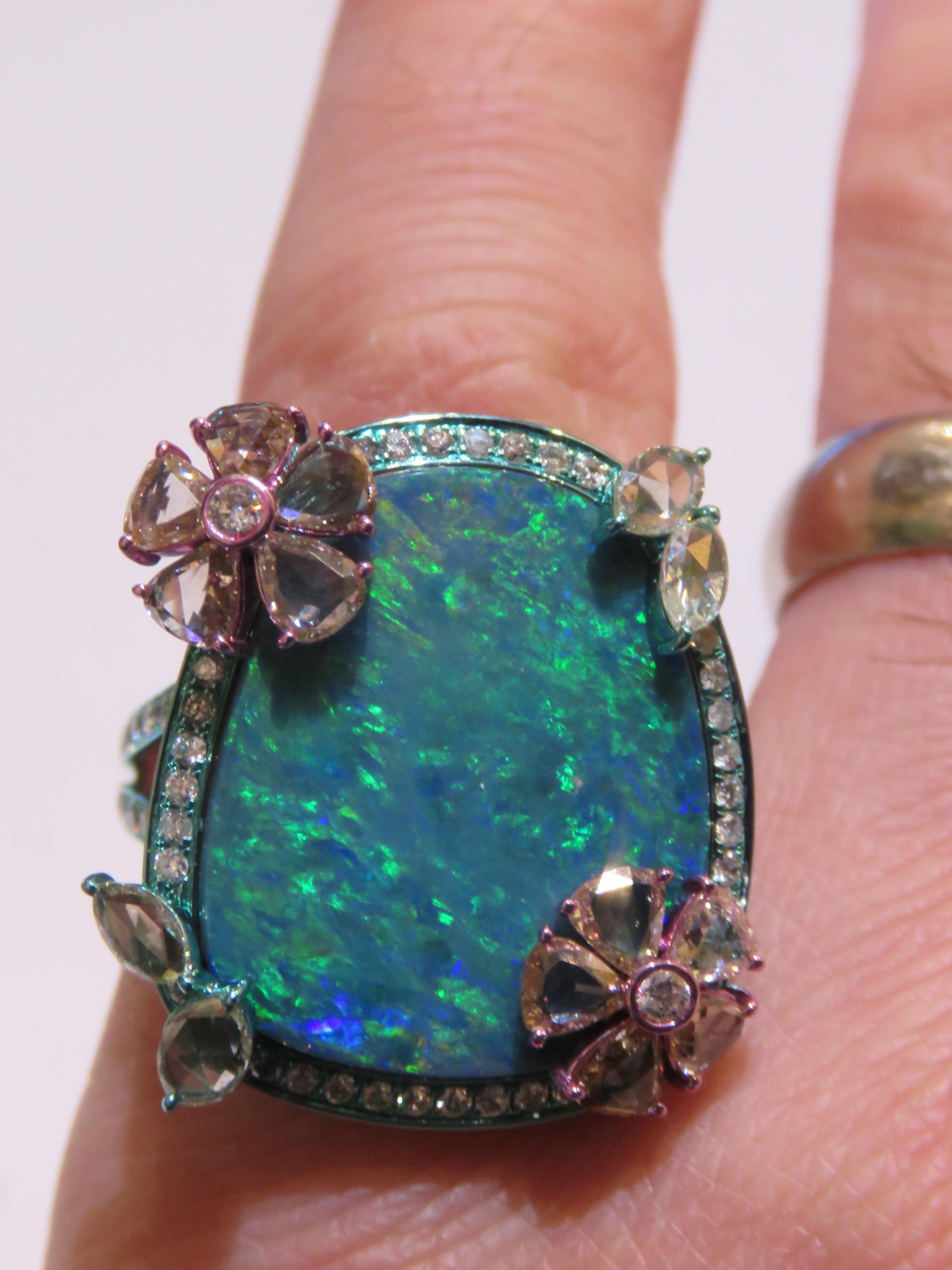 NWT $22, 500 Rare 18KT Gold Large Black Opal Fancy Rose Cut Diamond Flower Ring For Sale 2