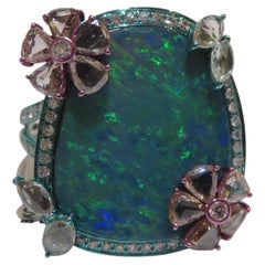 NWT $22, 500 Rare 18KT Gold Large Black Opal Fancy Rose Cut Diamond Flower Ring