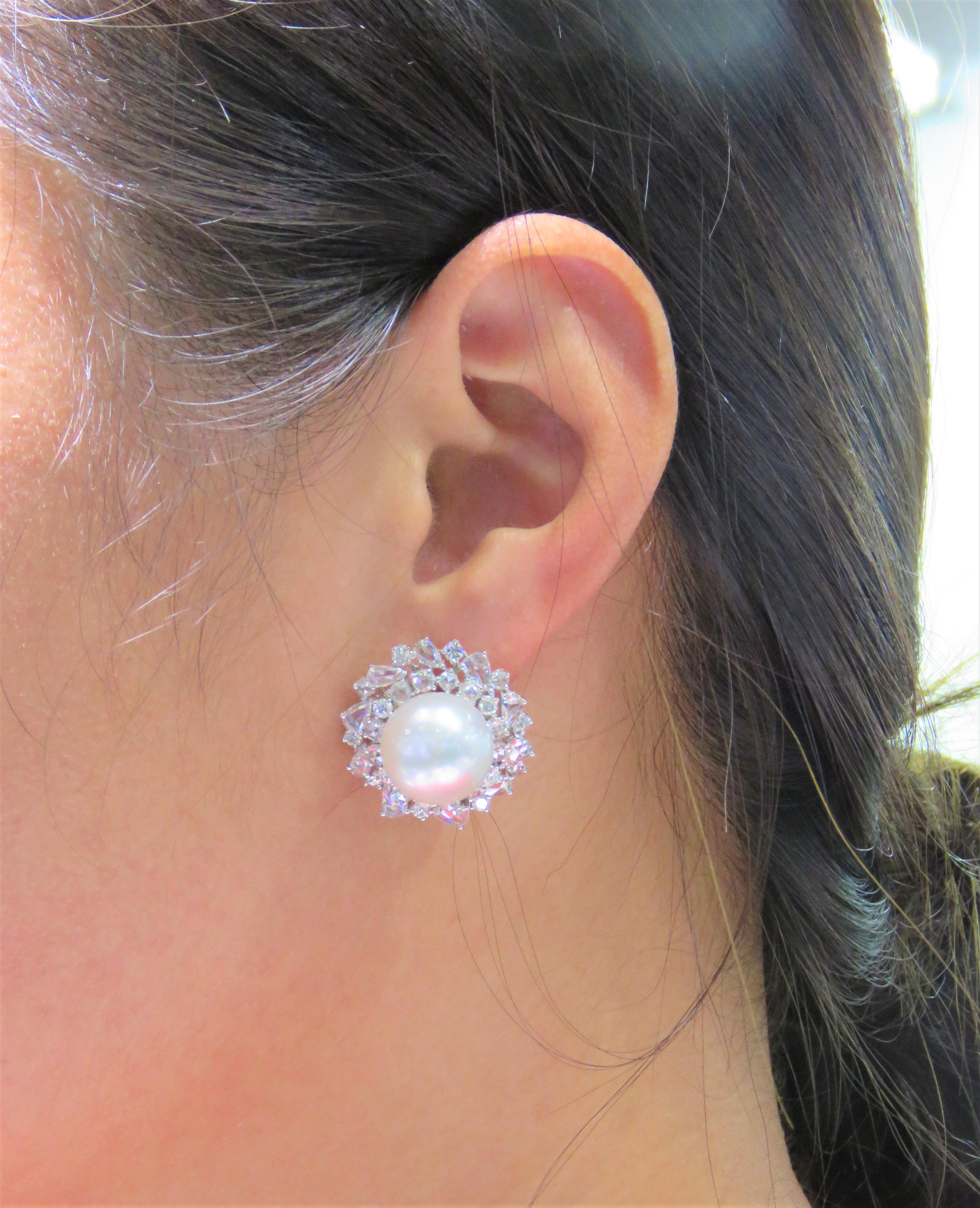 NWT $22, 000 Rare 18KT South Sea Large Pearl Rose Cut Diamond Earrings In New Condition For Sale In New York, NY