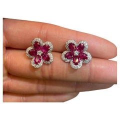 NWT $23, 500 18KT Gold Gorgeous 6CT Natural Ruby Diamond Floral Flower Earrings