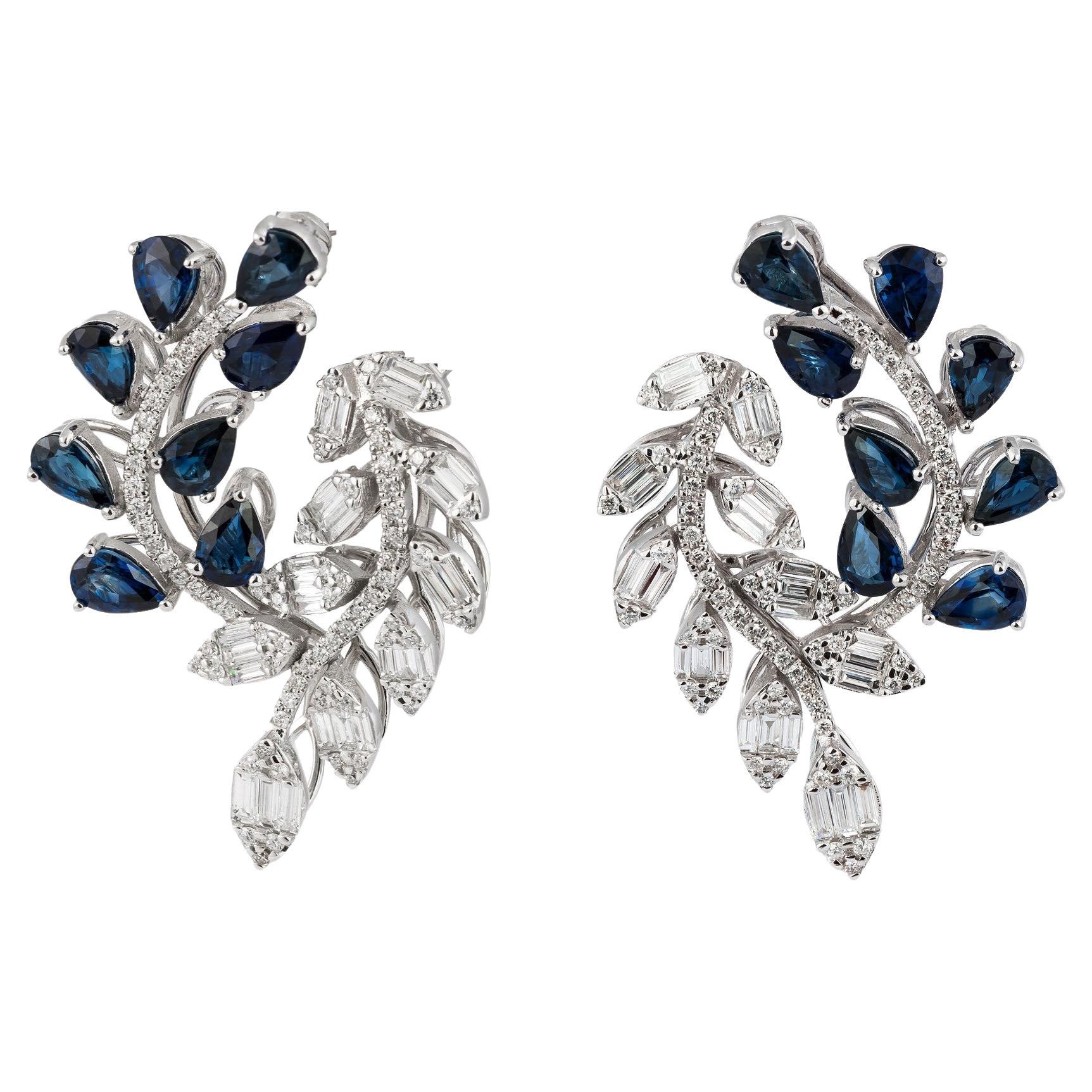 NWT $24, 000 18KT Gold Glittering Blue Sapphire Diamond Floral Leaf Earrings For Sale