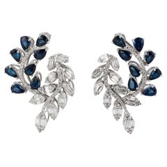 NWT $24, 000 18KT Gold Glittering Blue Sapphire Diamond Floral Leaf Earrings
