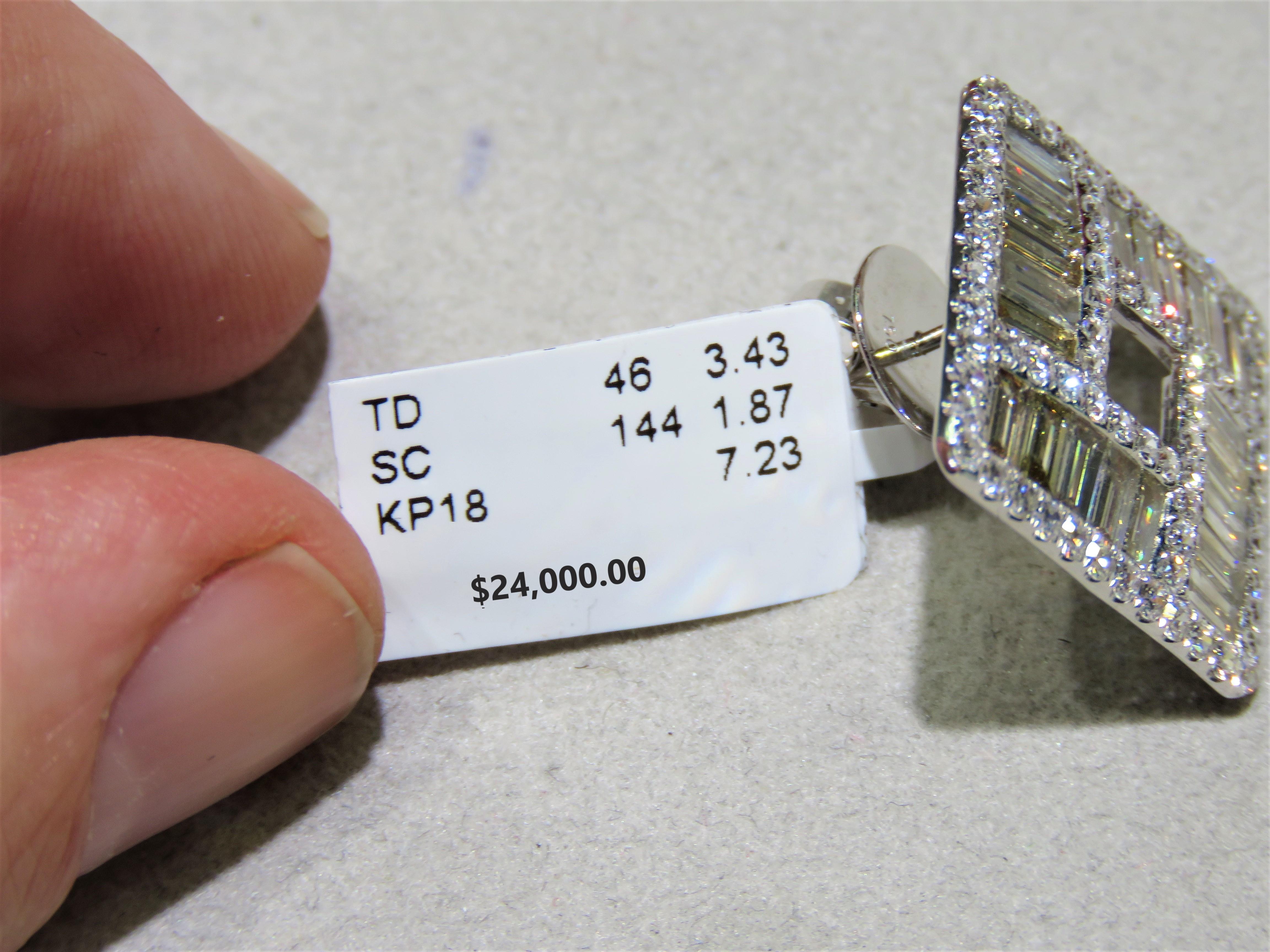 Baguette Cut NWT $24, 000 Rare 18KT Gold Fancy Baguette Trillion Cut White Diamond Earrings For Sale