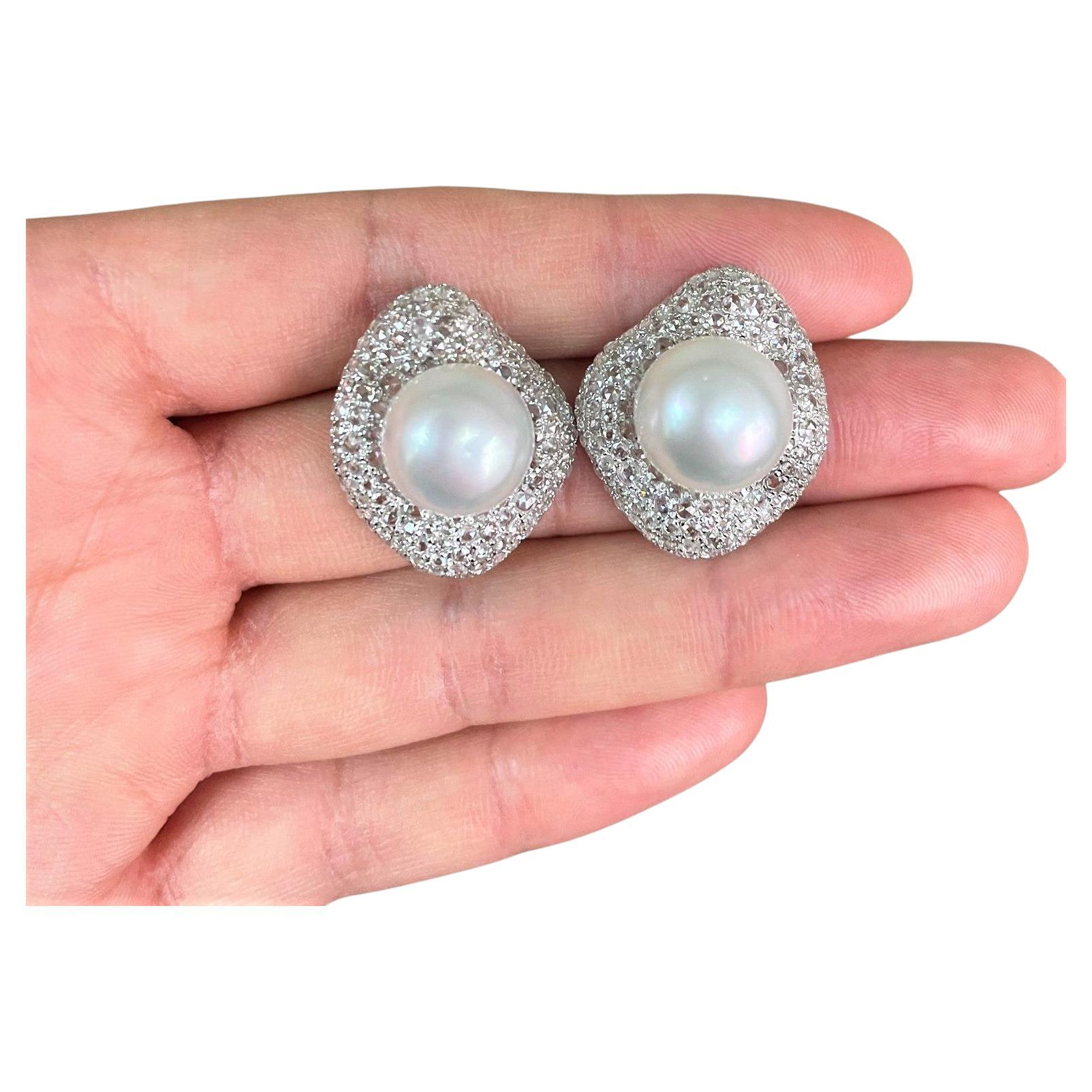 NWT $24, 000 Rare 18KT South Sea Large Pearl Rose Cut Diamond Earrings For Sale