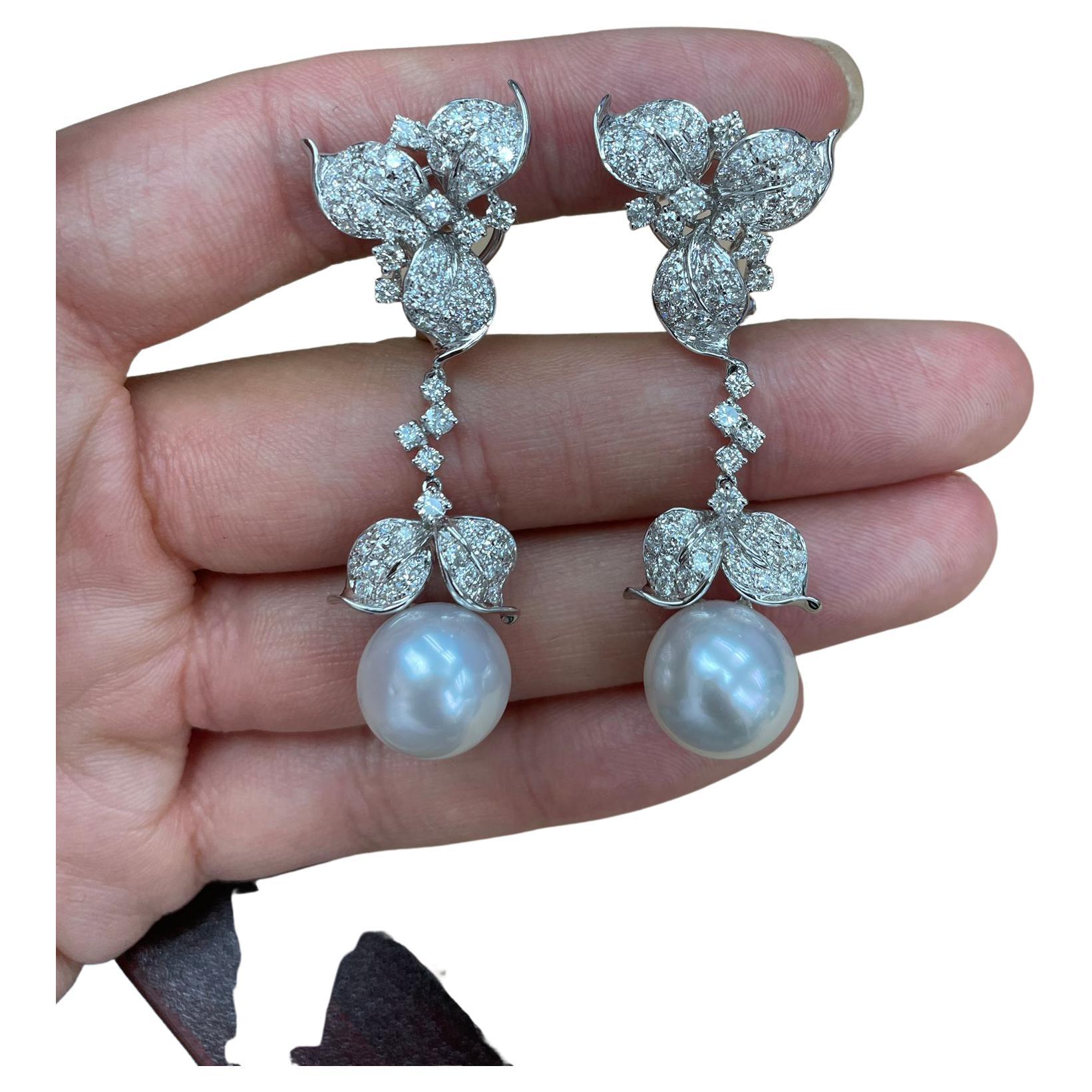 NWT $24, 000 Rare 18KT South Sea Large Pearl Rose Cut Diamond Earrings For Sale