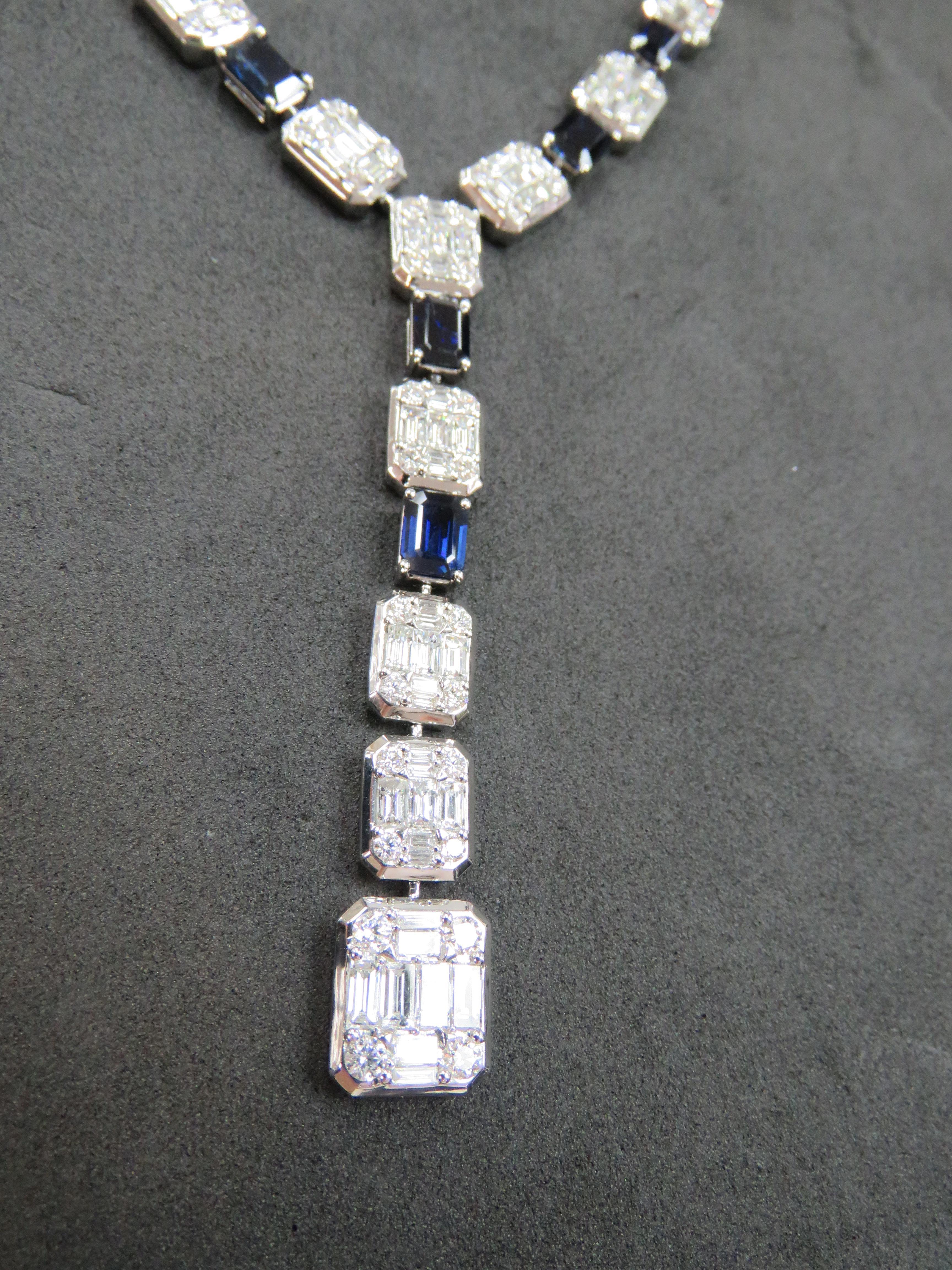 Mixed Cut NWT $242, 043 18KT Gold Glittering Fancy Baguette Diamond Blue Sapphire Necklace For Sale