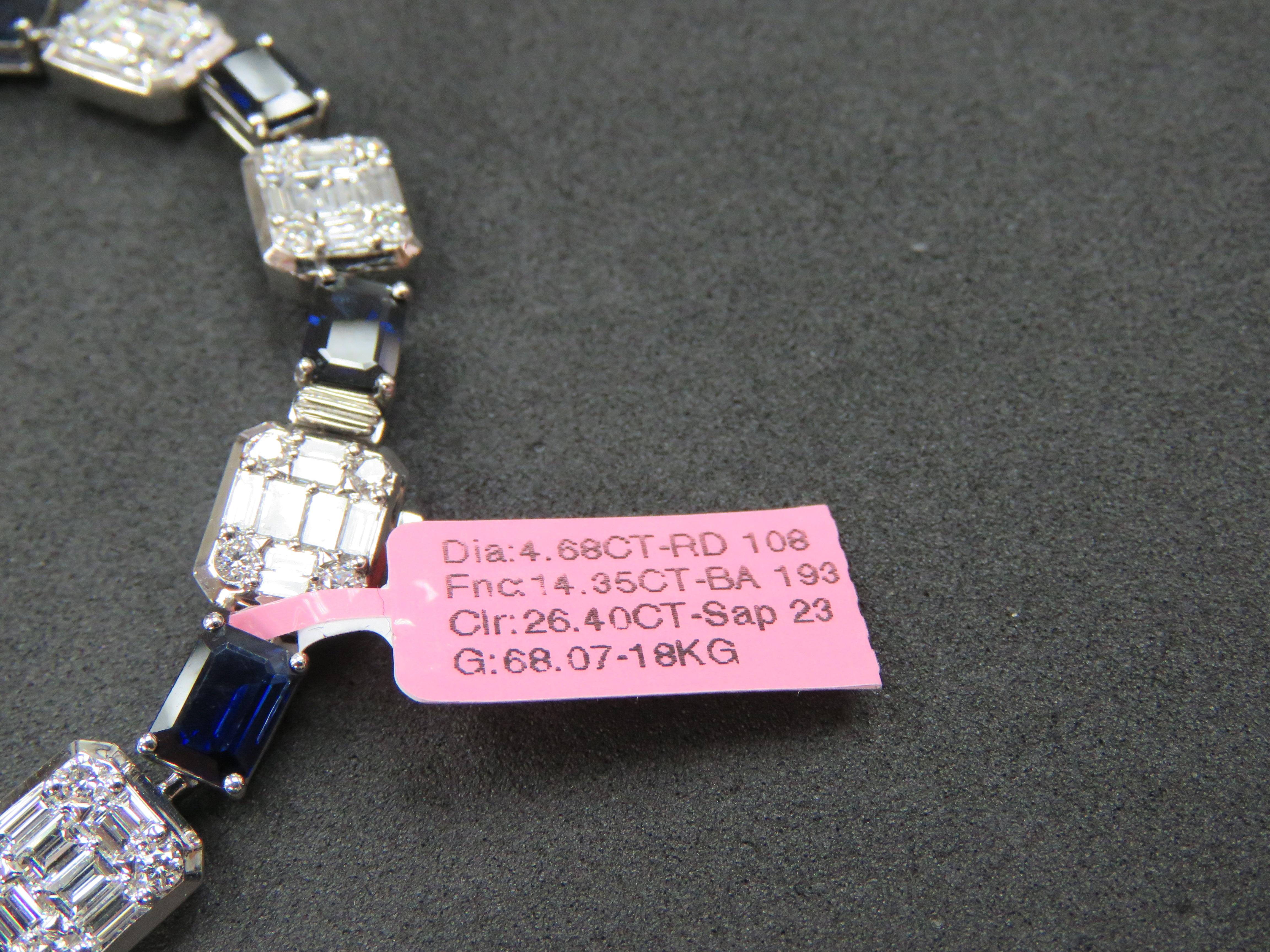 NWT $242, 043 18KT Gold Glittering Fancy Baguette Diamond Blue Sapphire Necklace In New Condition For Sale In New York, NY