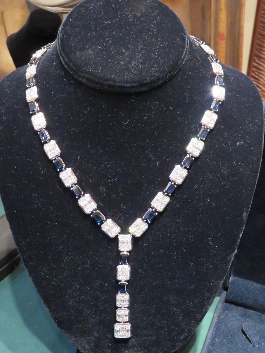 Women's NWT $242, 043 18KT Gold Glittering Fancy Baguette Diamond Blue Sapphire Necklace For Sale