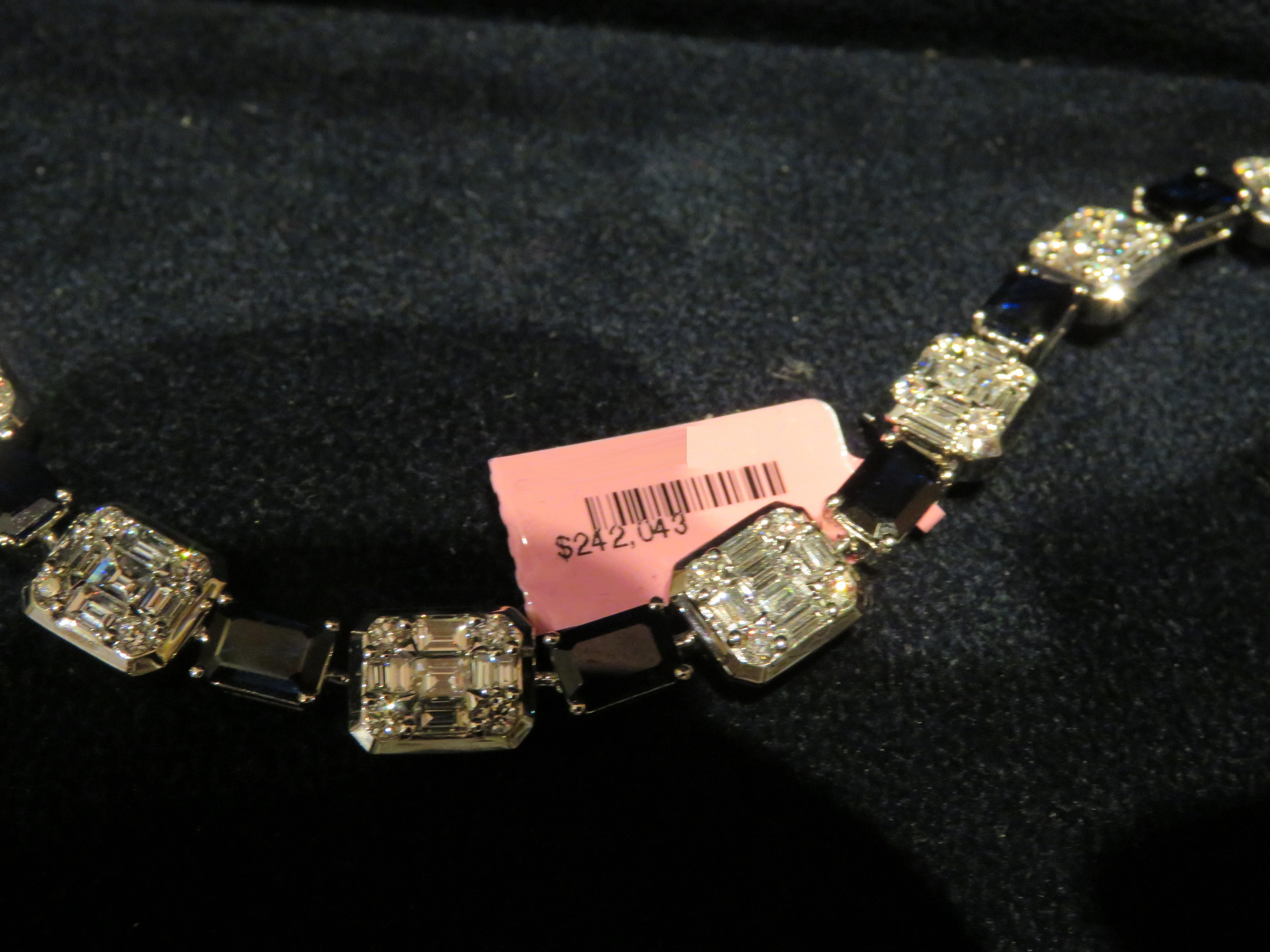 NWT $242, 043 18KT Gold Glittering Fancy Baguette Diamond Blue Sapphire Necklace For Sale 1