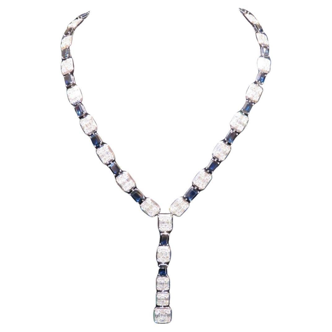 NWT $242, 043 18KT Gold Glittering Fancy Baguette Diamond Blue Sapphire Necklace For Sale