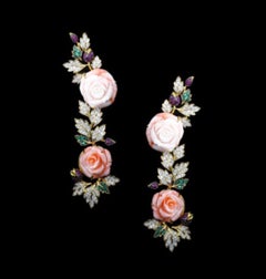 NWT $25, 000 Fancy Gold Flower Flower Coral Emerald Sapphire Diamond Earrings