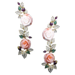Boucles d'oreilles fantaisie fleur corail émeraude saphir diamant 25 000 $, nouveau avec étiquette