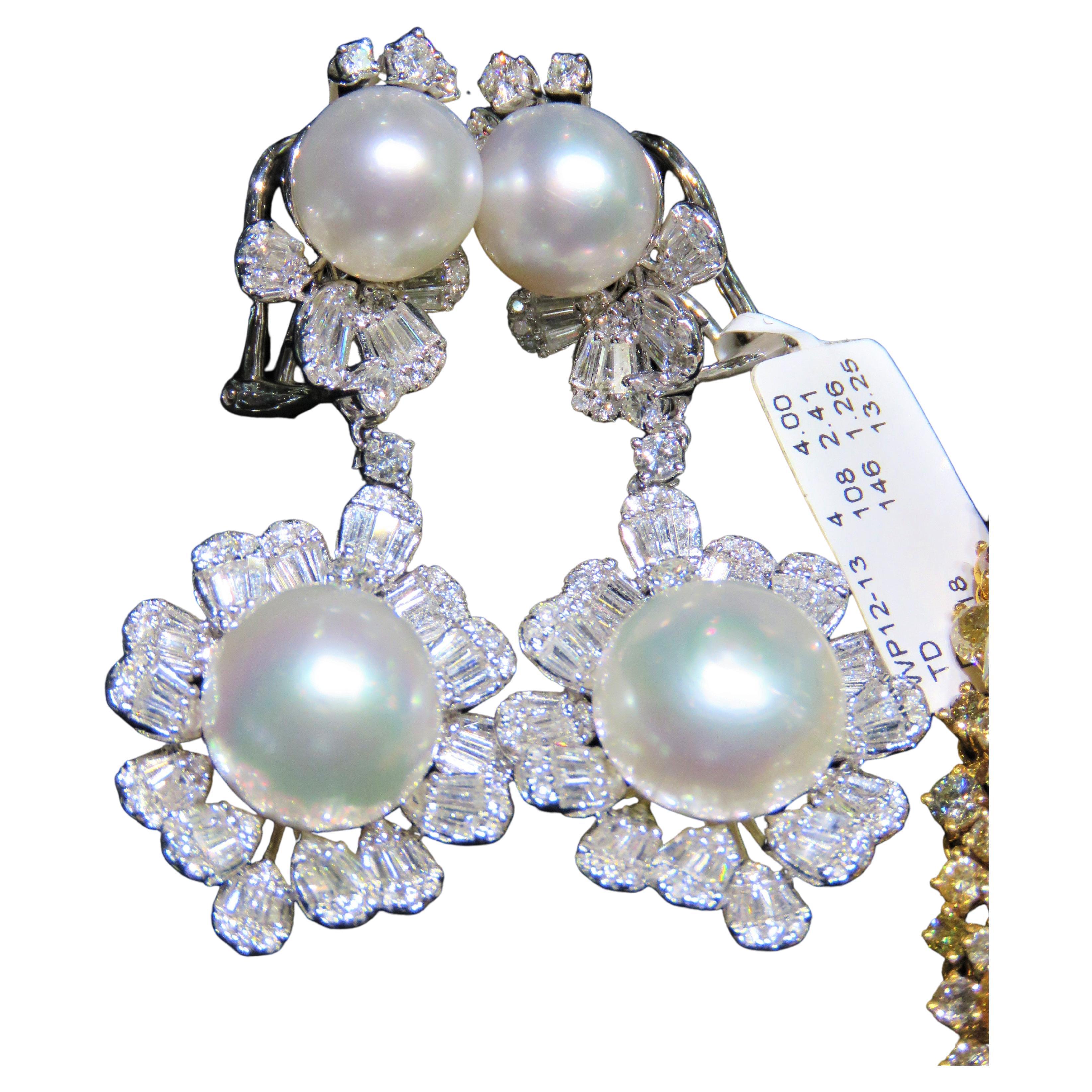 NWT $25, 000 18KT Gold Rare Lrg South Sea Pearl Gorgeous Diamond Flower Earrings For Sale