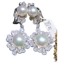 NWT $25, 000 18KT Gold Rare Lrg South Sea Pearl Gorgeous Diamond Flower Earrings