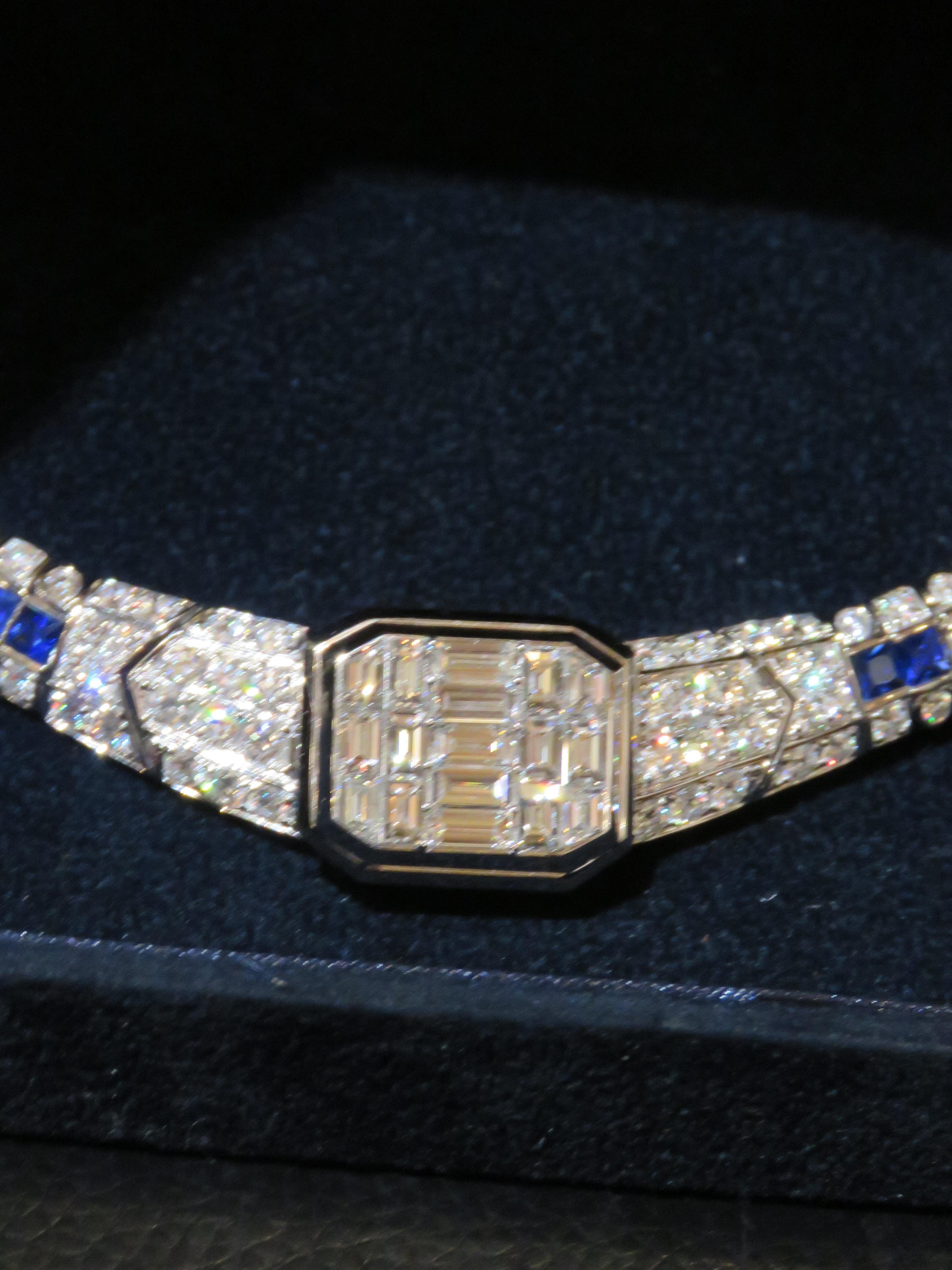 NWT $257, 738 18KT Gold Glittering Fancy Baguette Diamond Blue Sapphire Necklace In New Condition For Sale In New York, NY