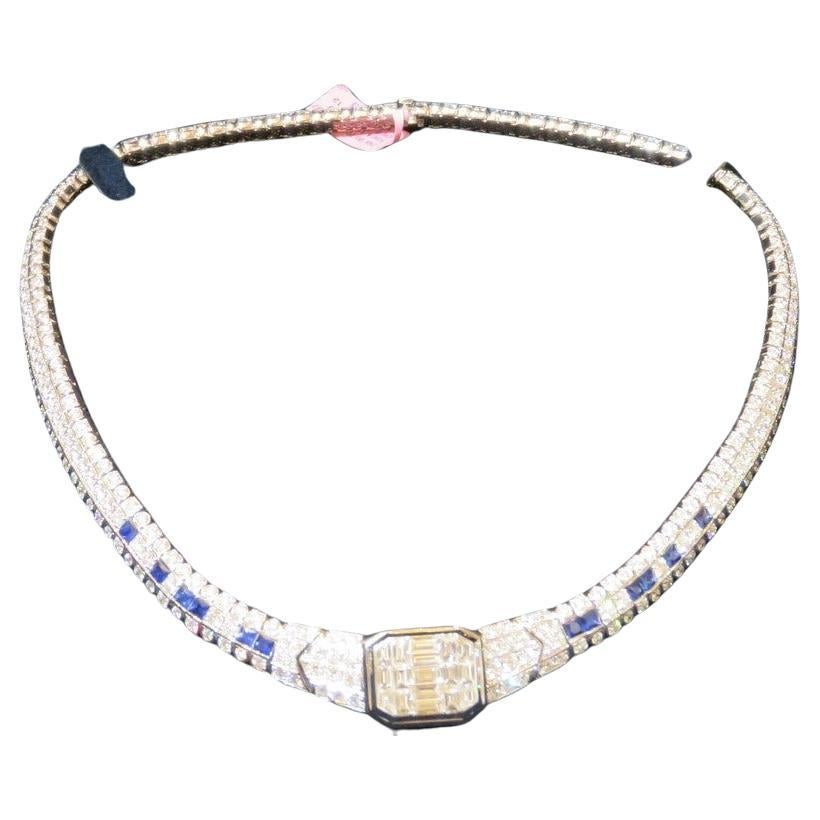 NWT $257, 738 18KT Gold Glittering Fancy Baguette Diamond Blue Sapphire Necklace For Sale