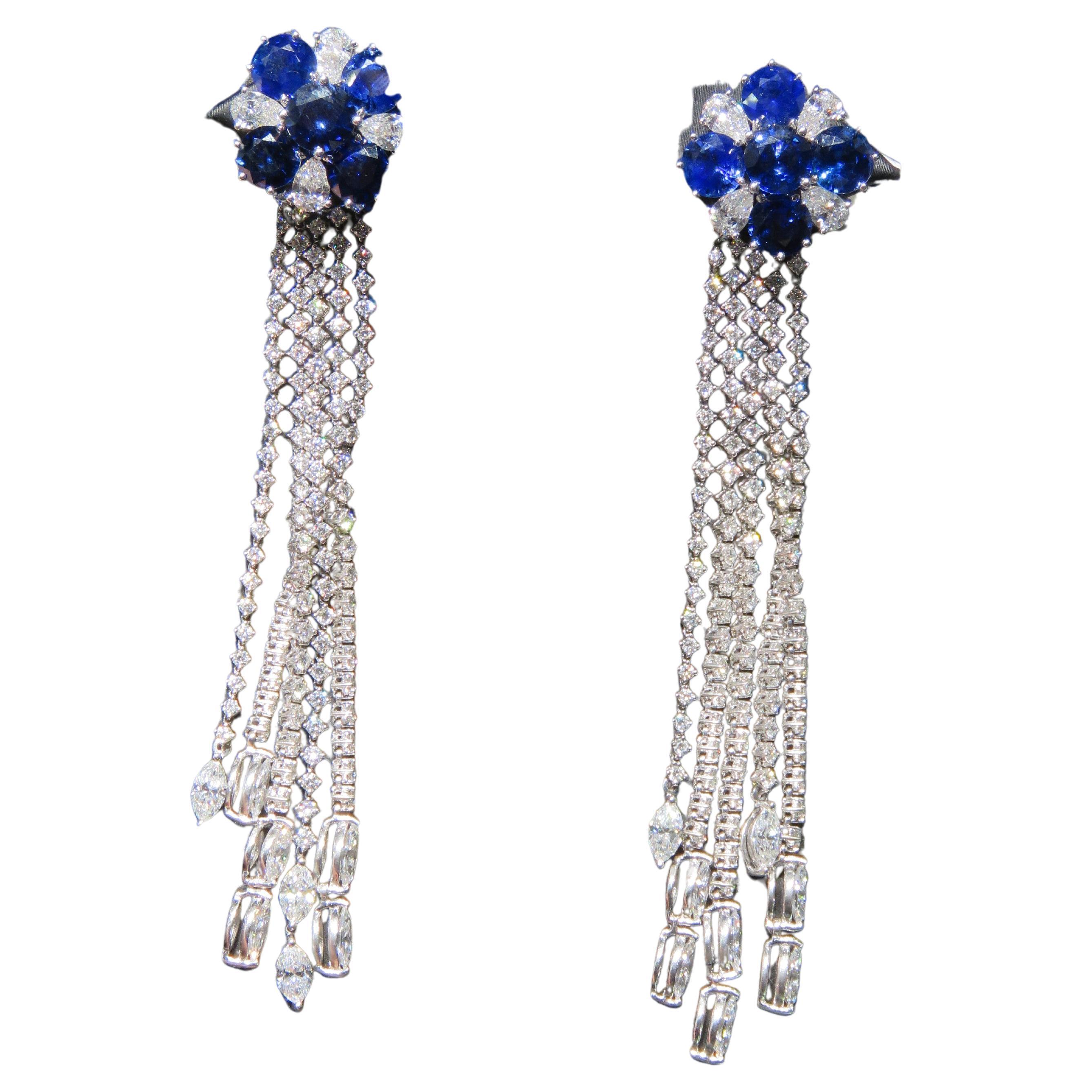 NWT $258, 100 18KT Gold Rare Fancy Ceylon Blue Sapphire Diamond Dangle Earrings