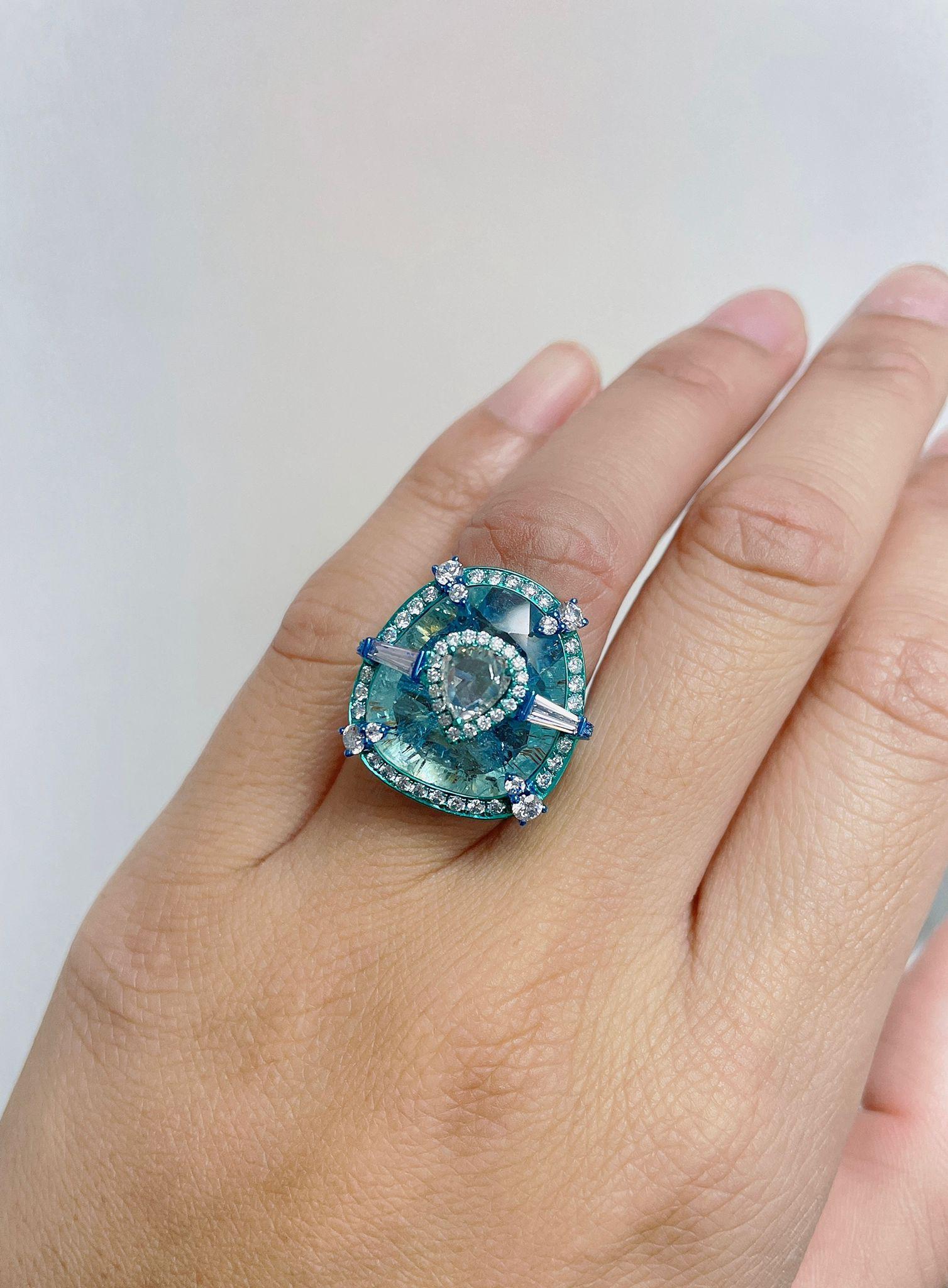 The Following Item we are offering is a Rare Important Spectacular and Brilliant 18KT Gold Large Gorgeous Paraiba and Diamond Ring. Ring consists of Rare a Large Fine Magnificent Paraiba Tourmaline surrounded and adorned with Gorgeous Glittering