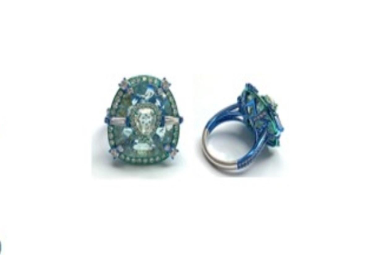Mixed Cut NWT $26, 500 18KT Gold Rare Exquisite Lrg Fancy Glittering Paraiba Diamond Ring For Sale