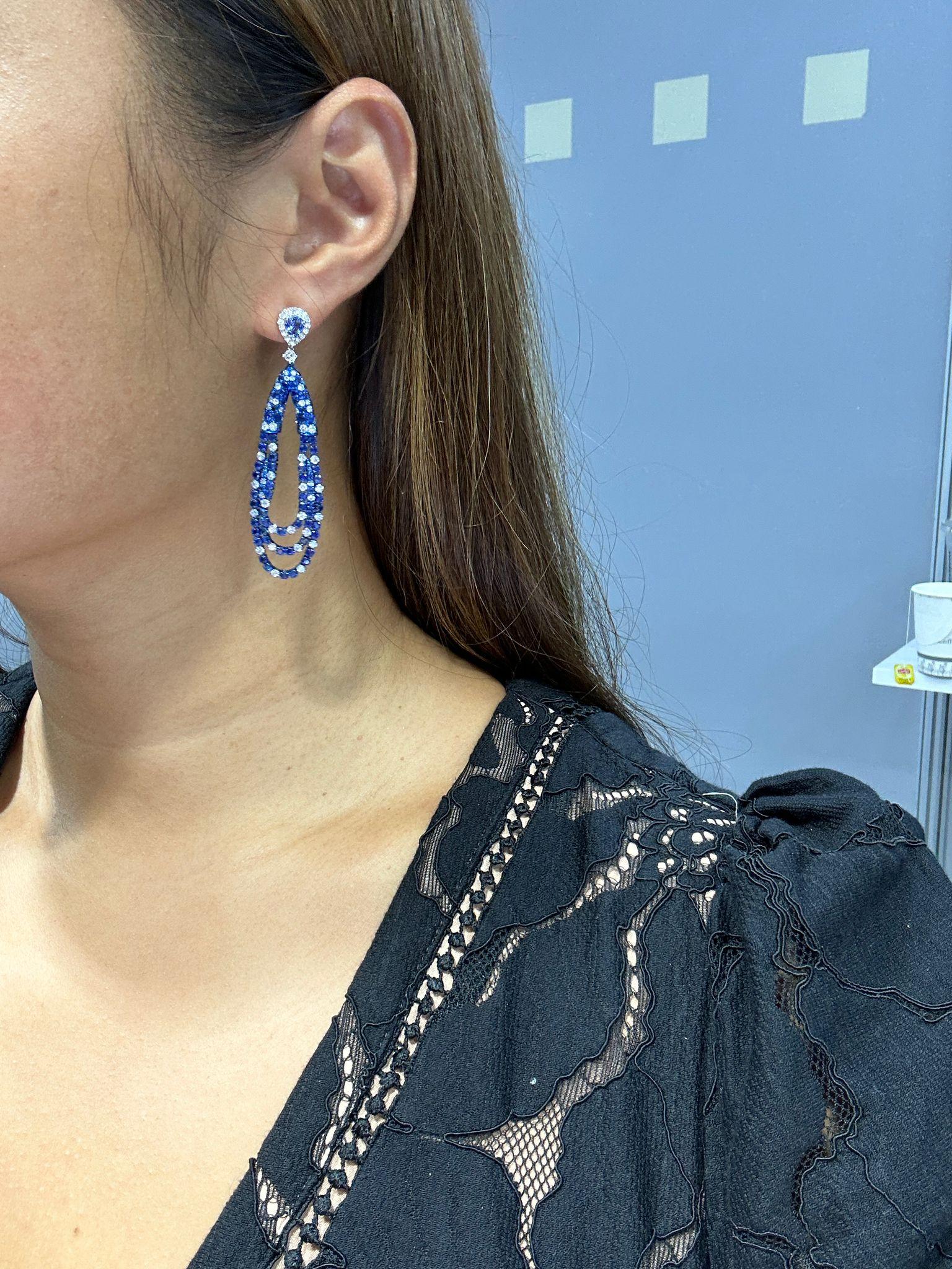 Mixed Cut NWT $26, 800 Rare White Gold Gorgeous Fancy Large Blue Sapphire Diamond Earrings For Sale