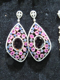 NWT 26, 000 18KT Fancy Large Glittering Rare Tourmaline Diamond Sapphire Earrings
