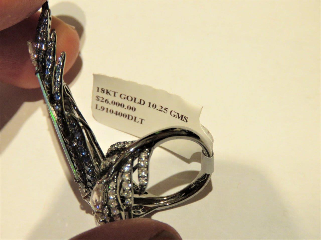 Mixed Cut NWT $26, 000 Rare 18KT Gold Black Opal Fancy Rose Cut Diamond Blue Sapphire Ring