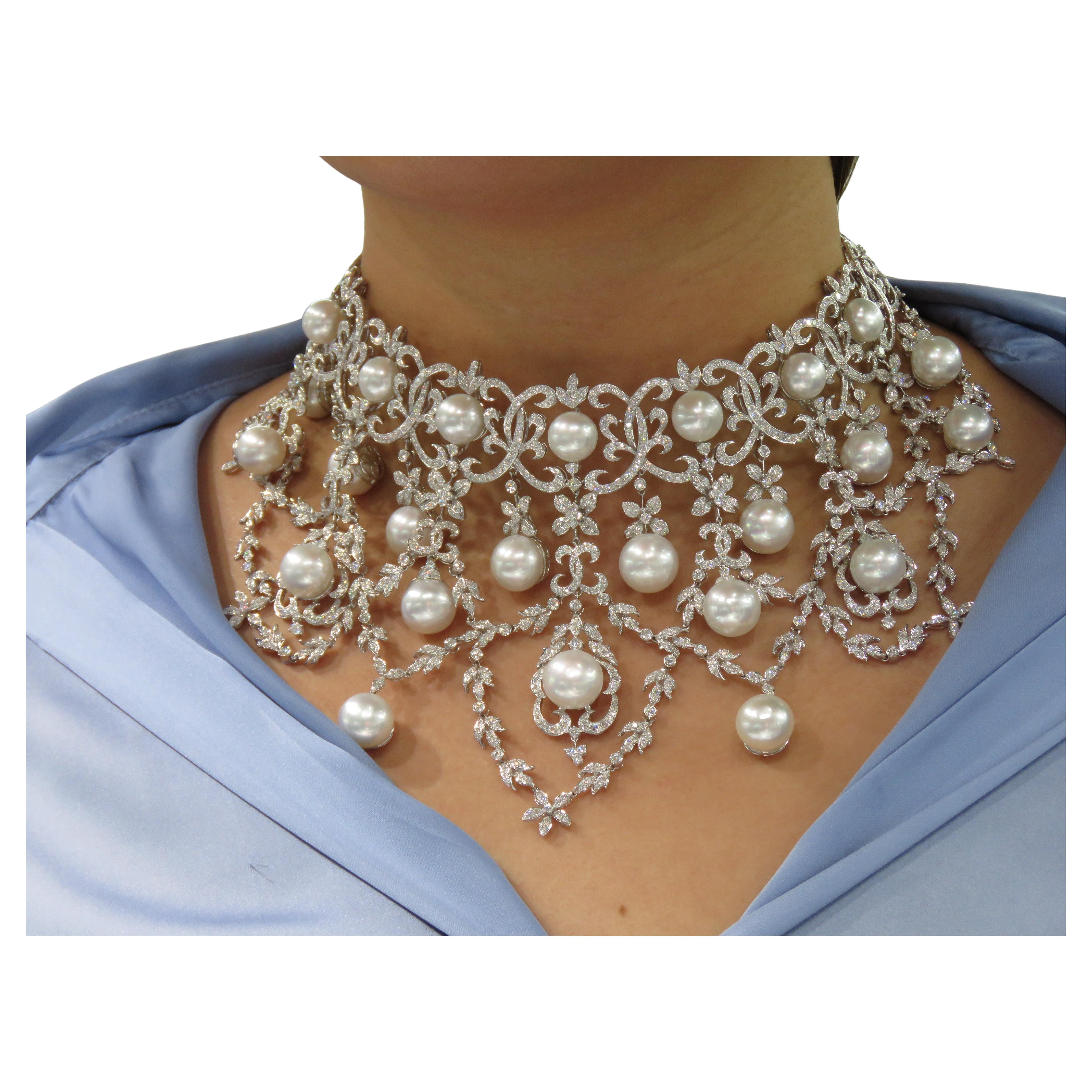 NWT $265, 000 18KT Huge South Sea Pearl Fancy Draping Elaborate Diamond Necklace