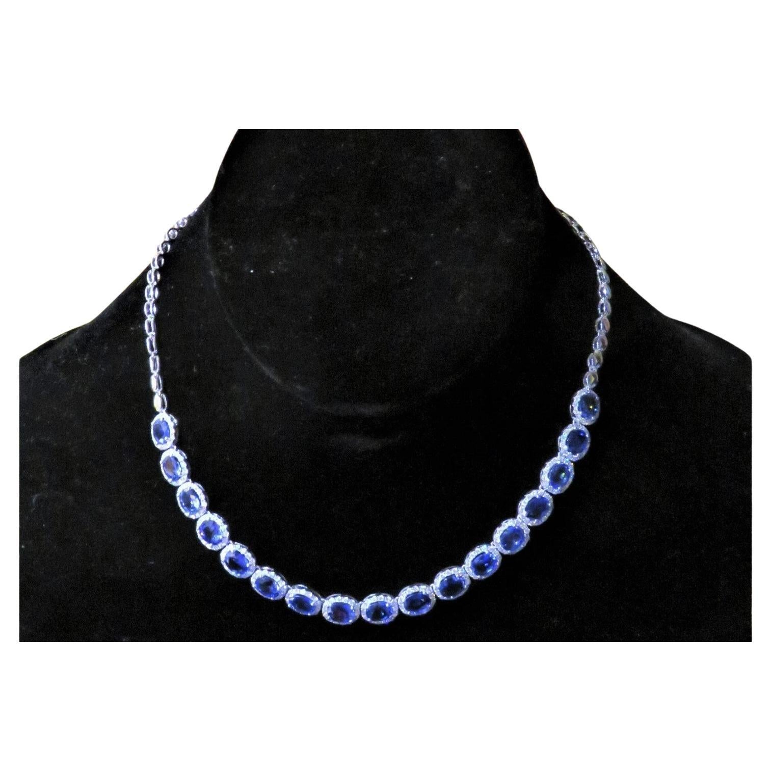 NWT $26, 500 18KT Fancy Large Glittering Fancy Blue Sapphire Diamond Necklace For Sale