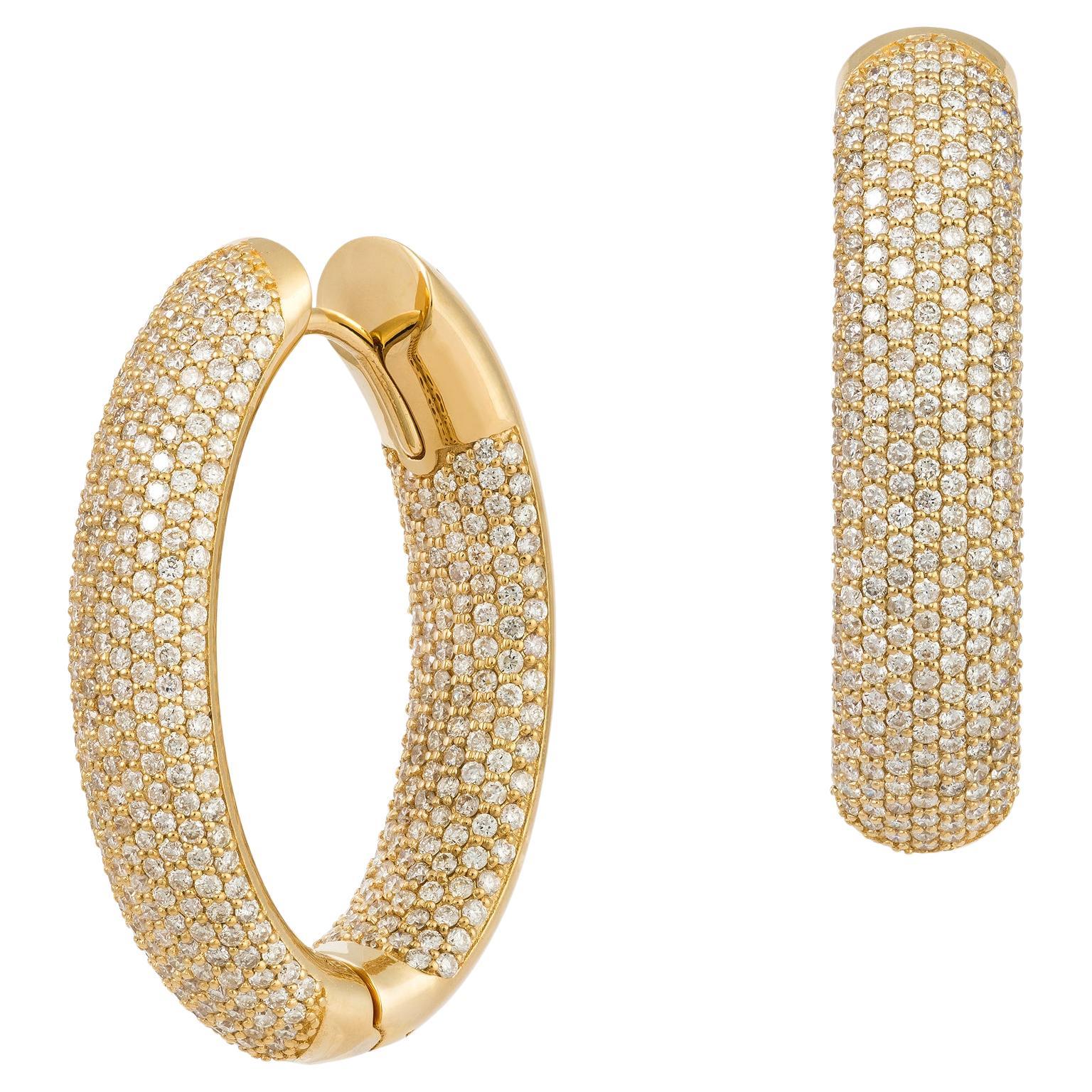 NWT $27, 000 18KT Yellow Gold Fancy Large Glittering Fancy Diamond Hoop Earrings For Sale