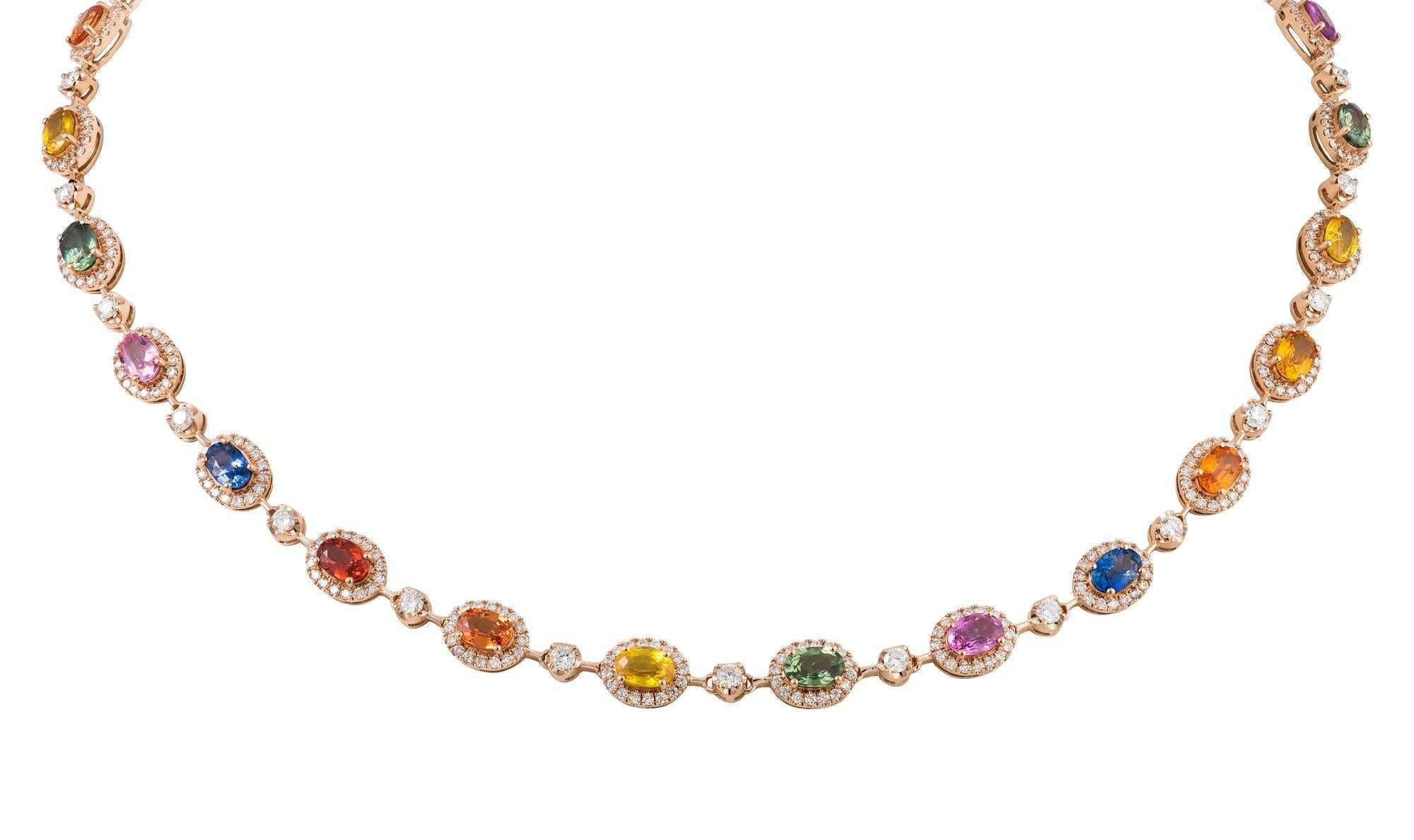 L'article suivant que nous offrons est ce Rare Important Radiant Gold 18KT Gorgeous Glittering and Sparkling Magnificent Fancy Oval Cut Rainbow Sapphires and Diamond Necklace (Collier de saphirs arc-en-ciel et de diamants). Le collier contient