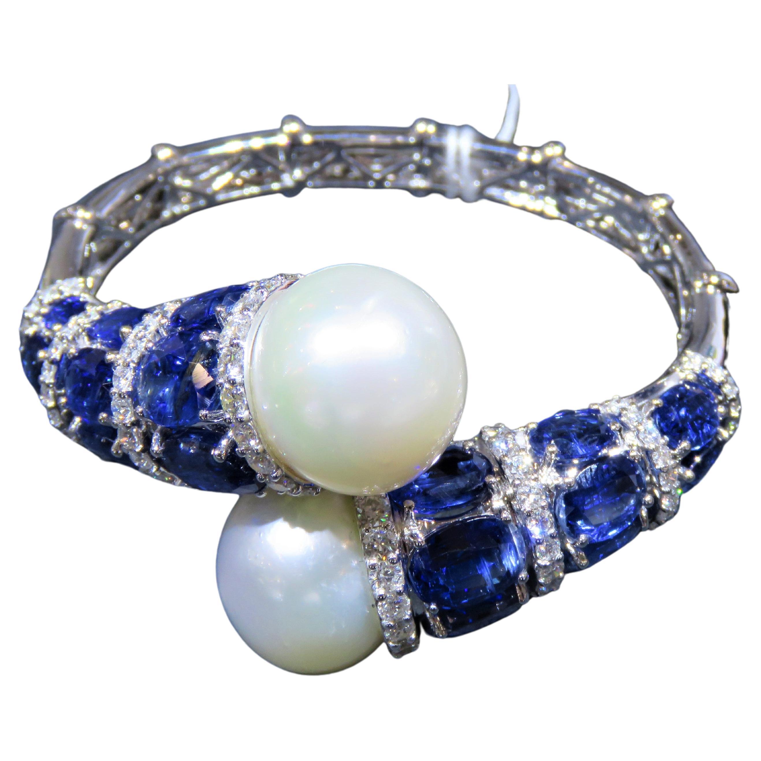 NWT $27, 419 18KT Gold Rare Natural Pearl Blue Kyanite Diamond Crossover Bangle For Sale