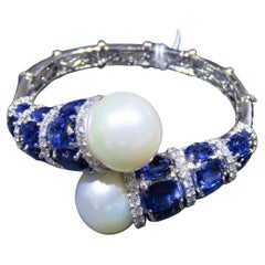 NWT $27, 419 18KT Gold Rare Natural Pearl Blue Kyanite Diamond Crossover Bangle
